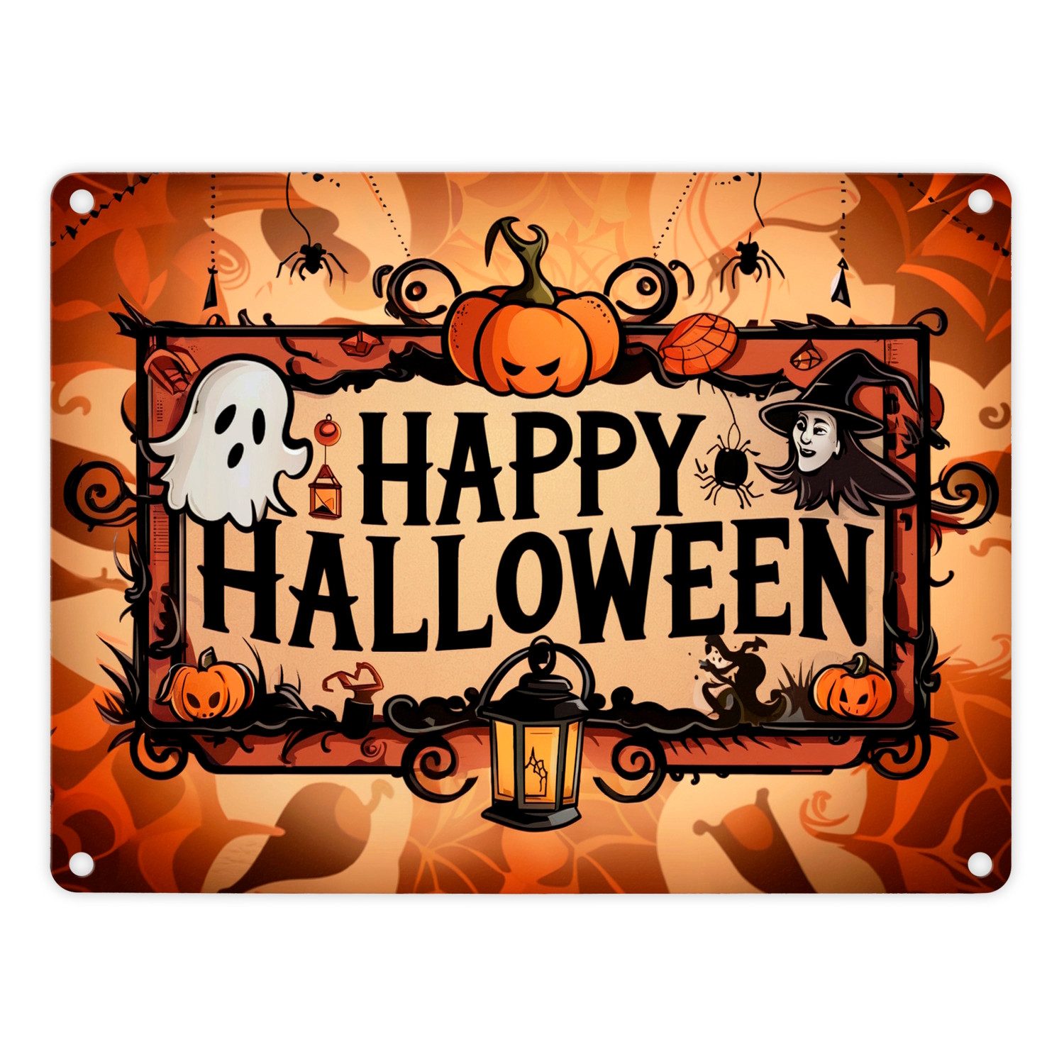 Metallschild Happy Halloween Metallschild in 15x20 cm mit Geistern und Laternen