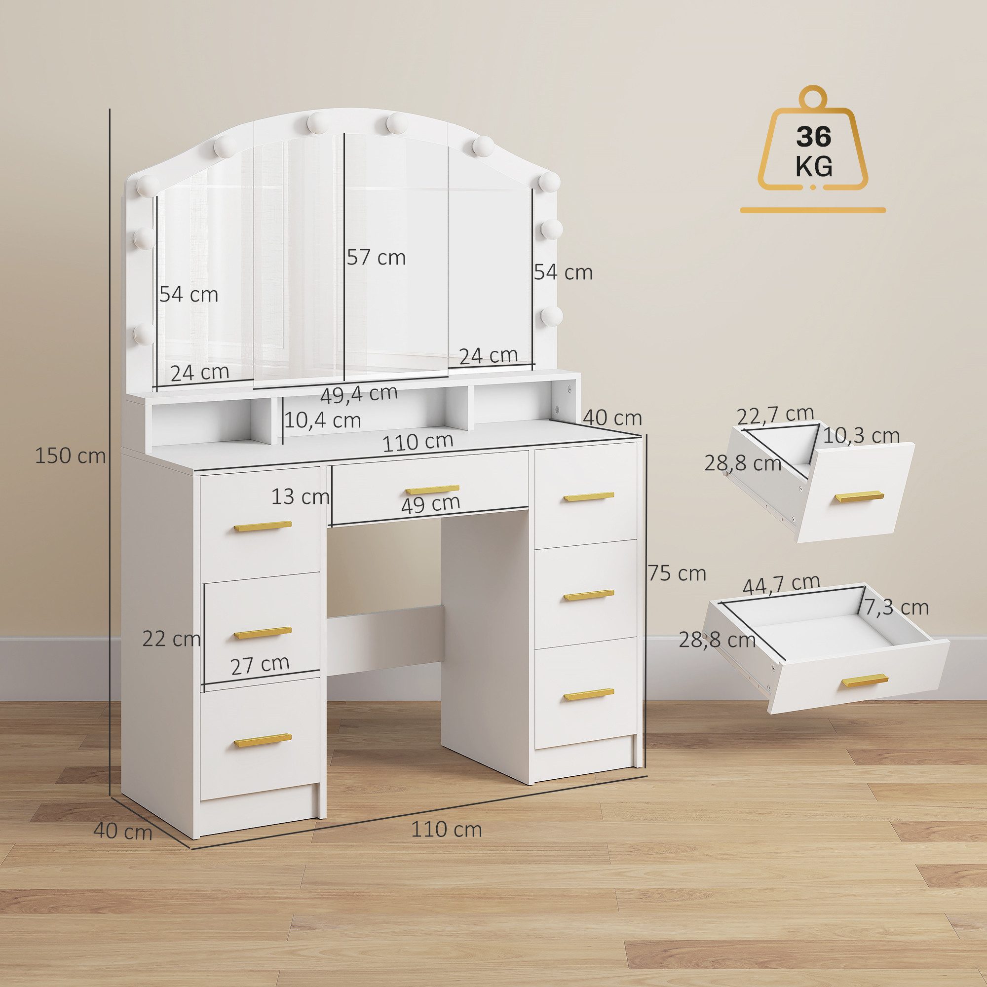 HOMCOM Schminktisch mit 10 LED-Hollywood-Lampen, Spiegel, 7 Schubladen, 3 Fächer (Frisiertisch, 1-St., Kosmetiktisch), für Schlafzimmer, Weiß