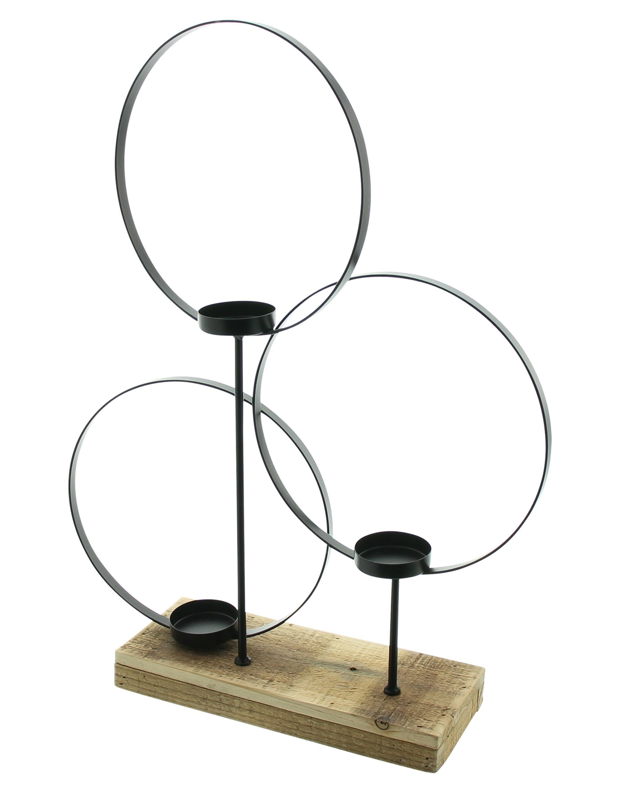 Holz, recyceltem Windlicht Metall, schwarz, 3 Teelichtgläser, aus Teelichthalter, Sockel mit Dekoleidenschaft Windlichtglas aus "Ringe"