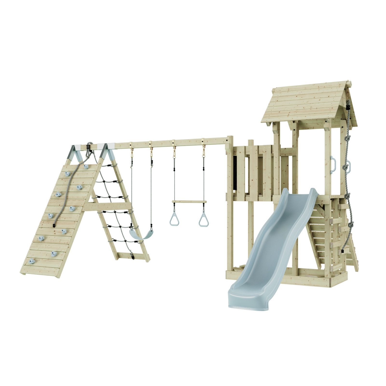 OutdoorToys Spielturm Roskilde, aus Holz in Eisblau mit Trapezstange