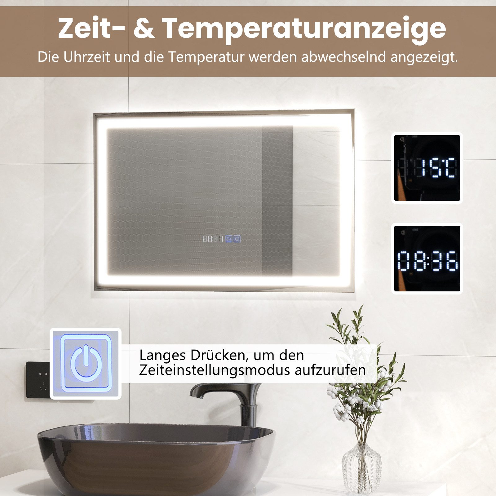 COSTWAY Badspiegel mit LED dimmbar, Touch & Anti-Beschlag & Memory-Funktion