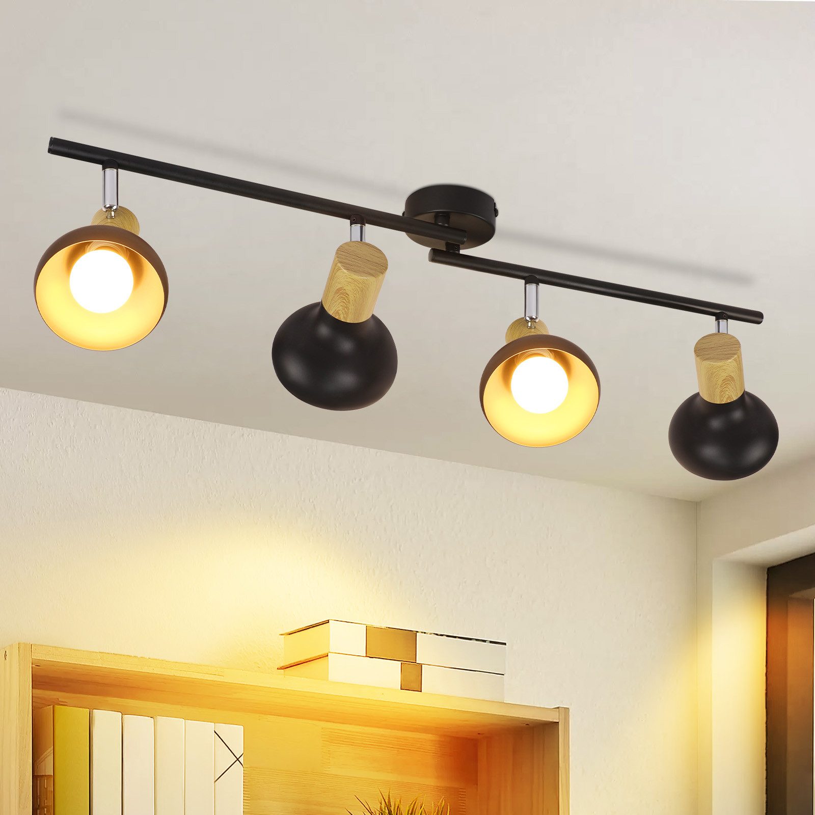 ZMH Deckenstrahler 4 Flammig Industrial E14 Deckenleuchte für Treppenhaus Schlafzimmer, Hochwertige Design, ohne Leuchtmittel, 350° Schwenkbar Schwarz Vintage Flurlampe