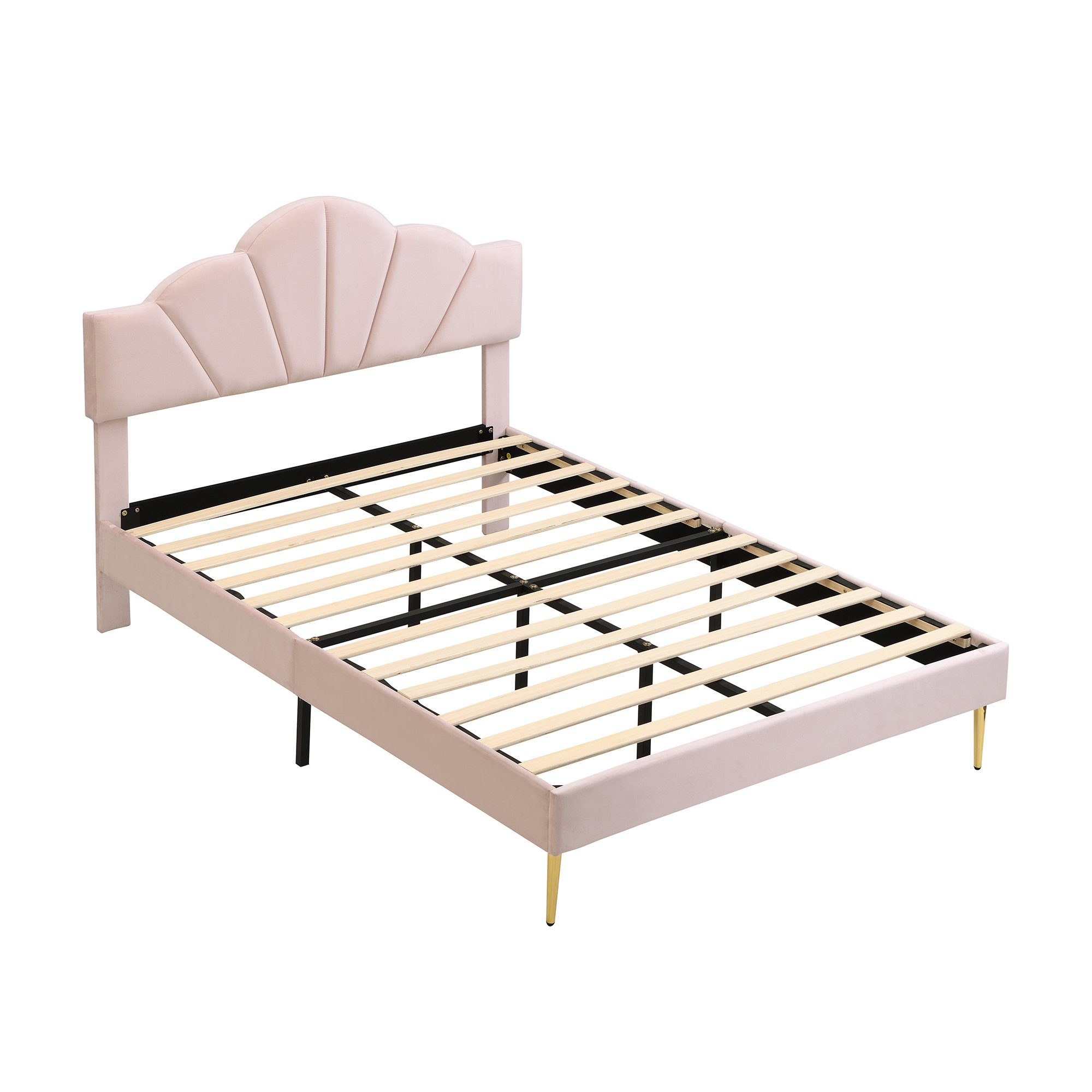 Polsterbett (Doppelbett 140 x 200 cm, ohne Matratze), mit höhenverstellbarem Muschel-Form-Kopfteil und Lattenrost, Samt