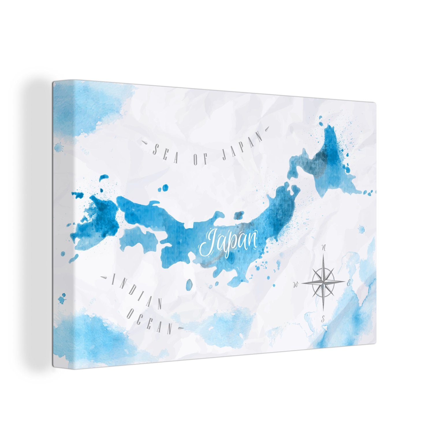 OneMillionCanvasses® Leinwandbild Weltkarten - Japan - Aquarell, (1 St), Wandbild Leinwandbilder, Aufhängefertig, Wanddeko, 30x20 cm