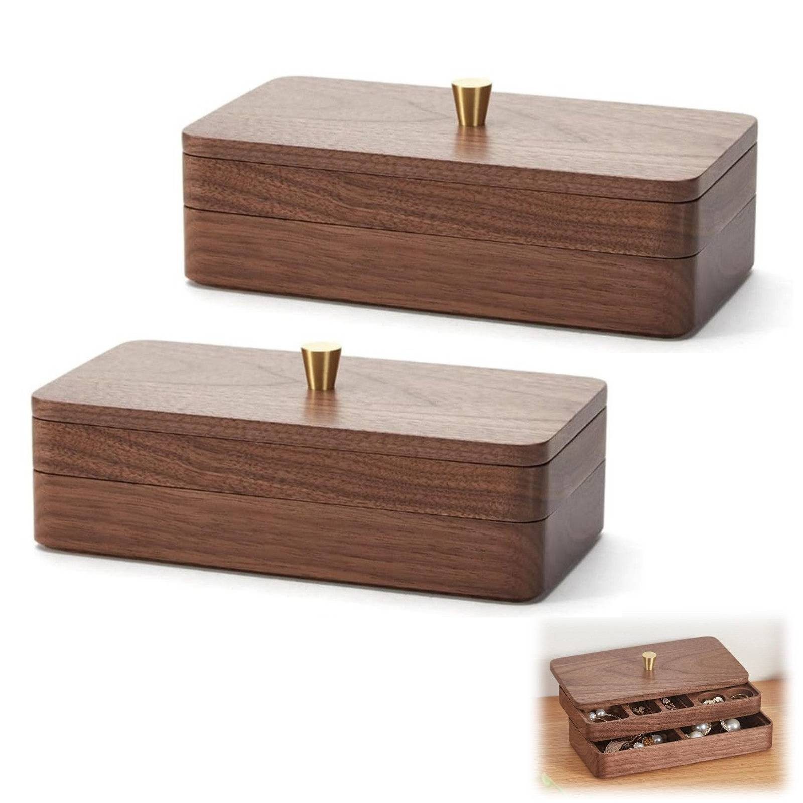 BlingBin Aufbewahrungsbox 2 Ebenen Schmuckaufbewahrung mit Deckel, Holz Schmuckkästchen (2er Set, 2 St., 19 x 10 x 7,5 cm), Doppellagig Massivholz Box für Halsketten, Uhren, Ringe, Ohrringe