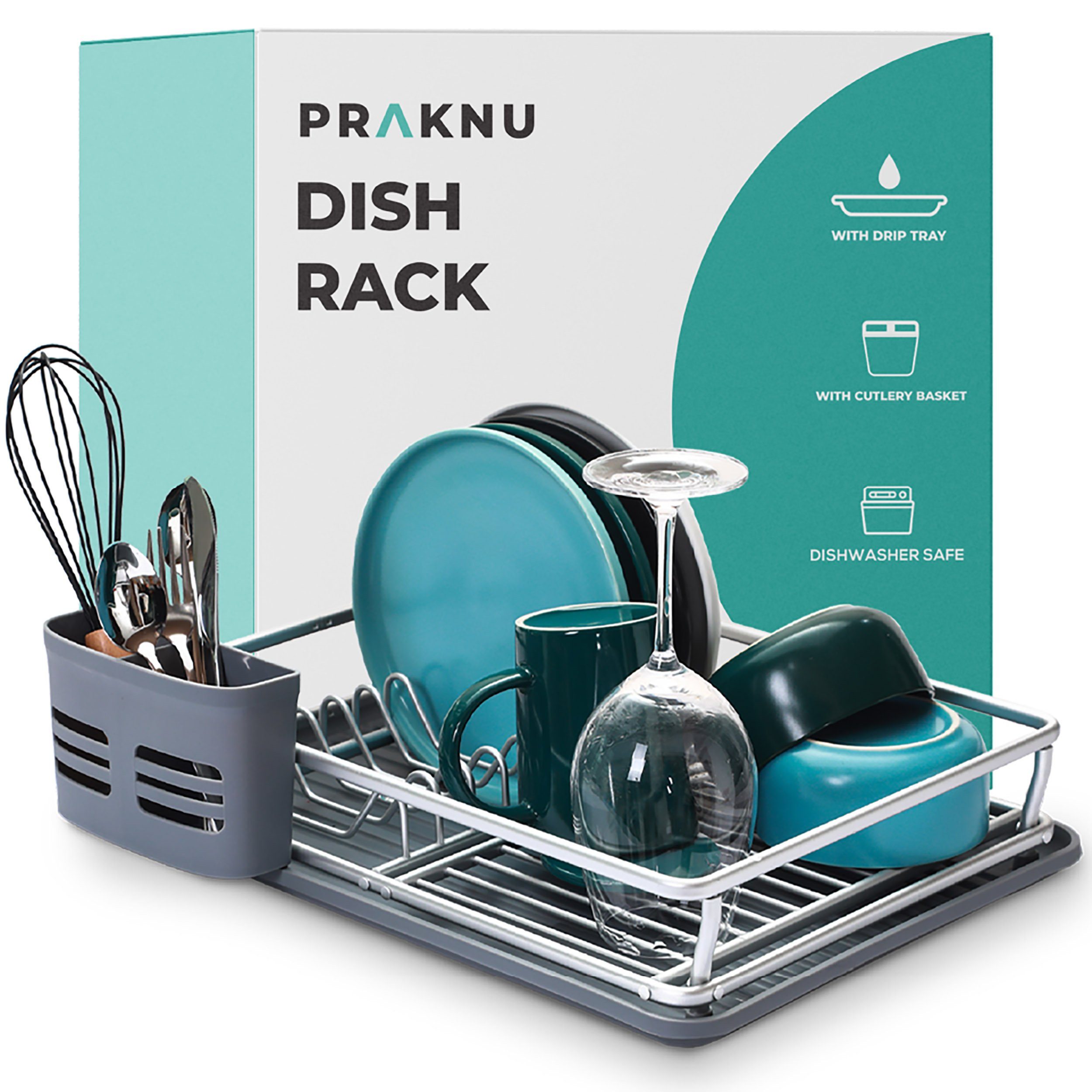 Praknu Geschirrständer Praknu Abtropfgestell mit Abtropfschale und Besteckkorb, Zubehör für Passend mit dem Praknu Grillbesteck Set und den Praknu Grillspießen, Abtropfschale und Besteckkorb - Rostfrei - Hygienisch - 43 x 32 cm