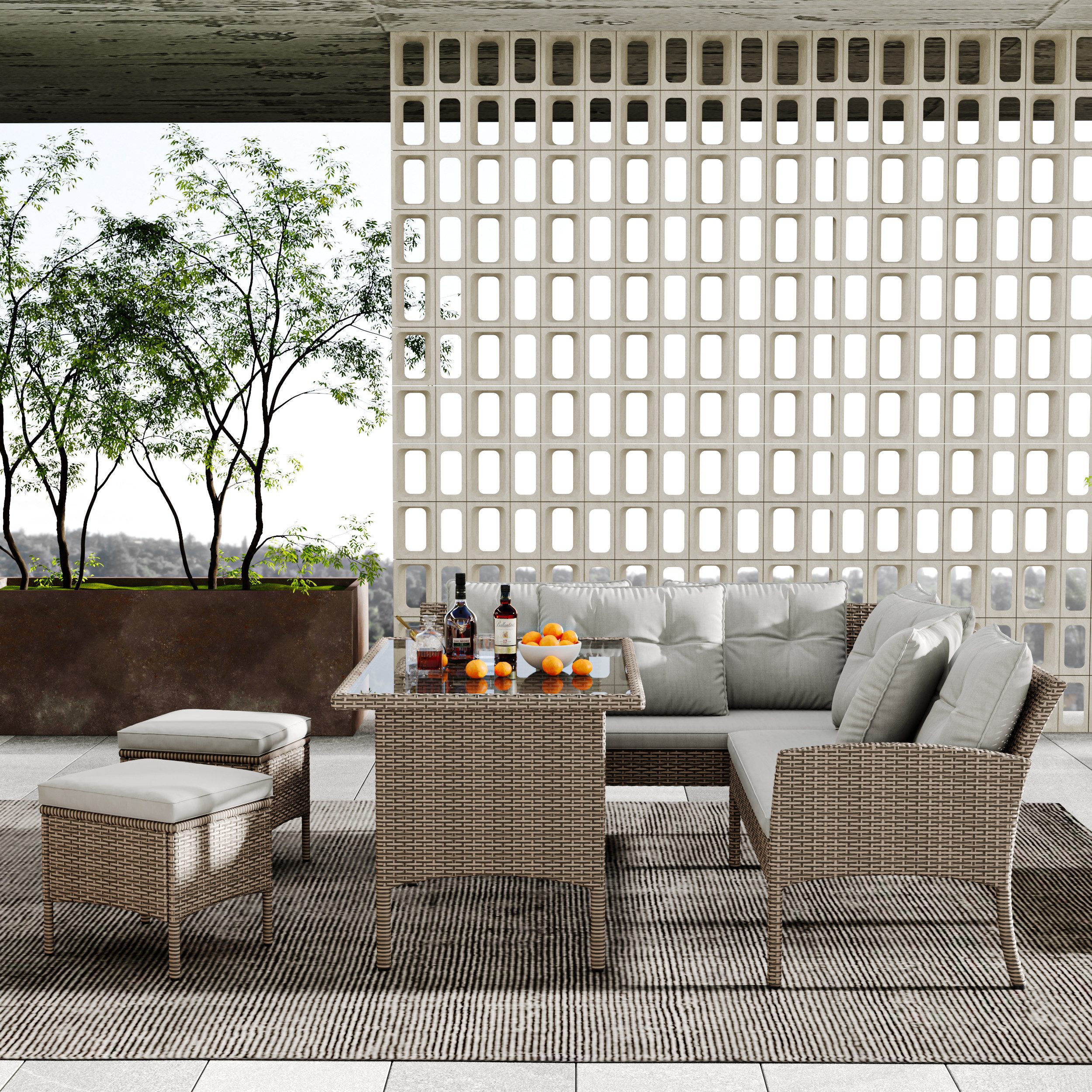 Flieks Gartenlounge-Set, 7-Sitzer L-förmiges Gartenmöbel Polyrattan günstig online kaufen