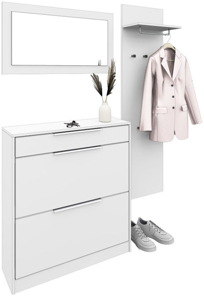 borchardt Möbel Garderoben-Set Oliva, Schuhschrank, Spiegel, Garderobenpaneel, (3-St), 3-teilig, Schuhkipper mit Doppelschuhtrommeln und Metallgriffen