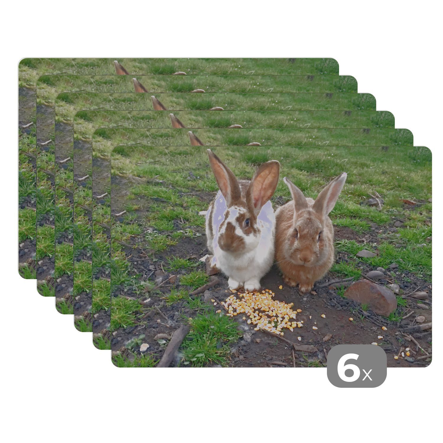 Platzset, Zwei Kaninchen mit Futter, MuchoWow, (6-St), Platzset, Platzdecken, Platzmatte, Tischmatten, Schmutzabweisend