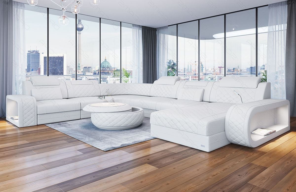 Sofa Dreams Wohnlandschaft Ledersofa Berlin XXL U Form Mini Designersofa, 6-Sitzer, Ottomane, freie Farbwahl, LED, USB
