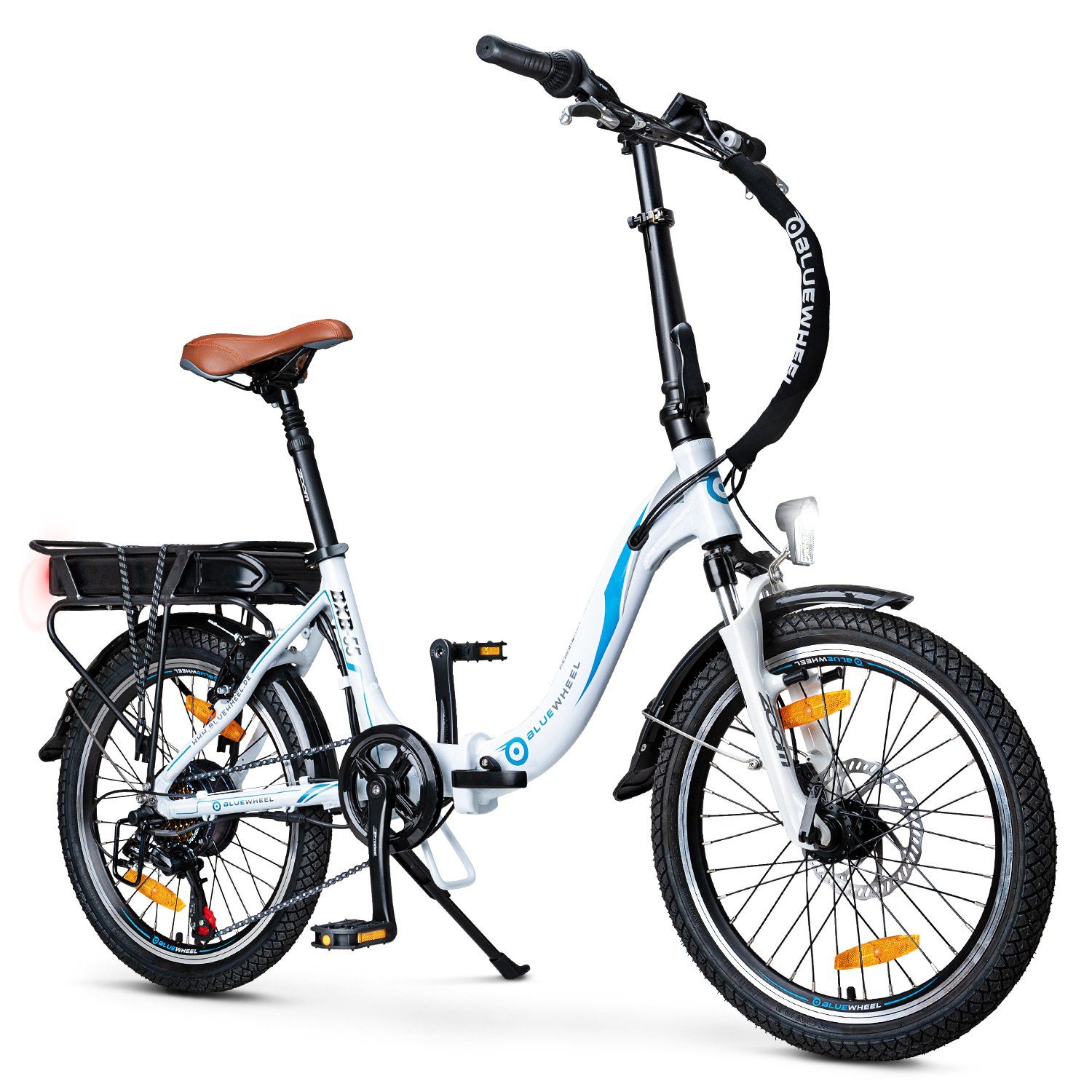 Bluewheel Electromobility E-Bike BXB55, 7 Gang Shimano, Kettenschaltung, Hinterrad-Nabenmotor, 360,00 Wh Akku, Gepäckträger hinten, Klappmechanismus Weiß