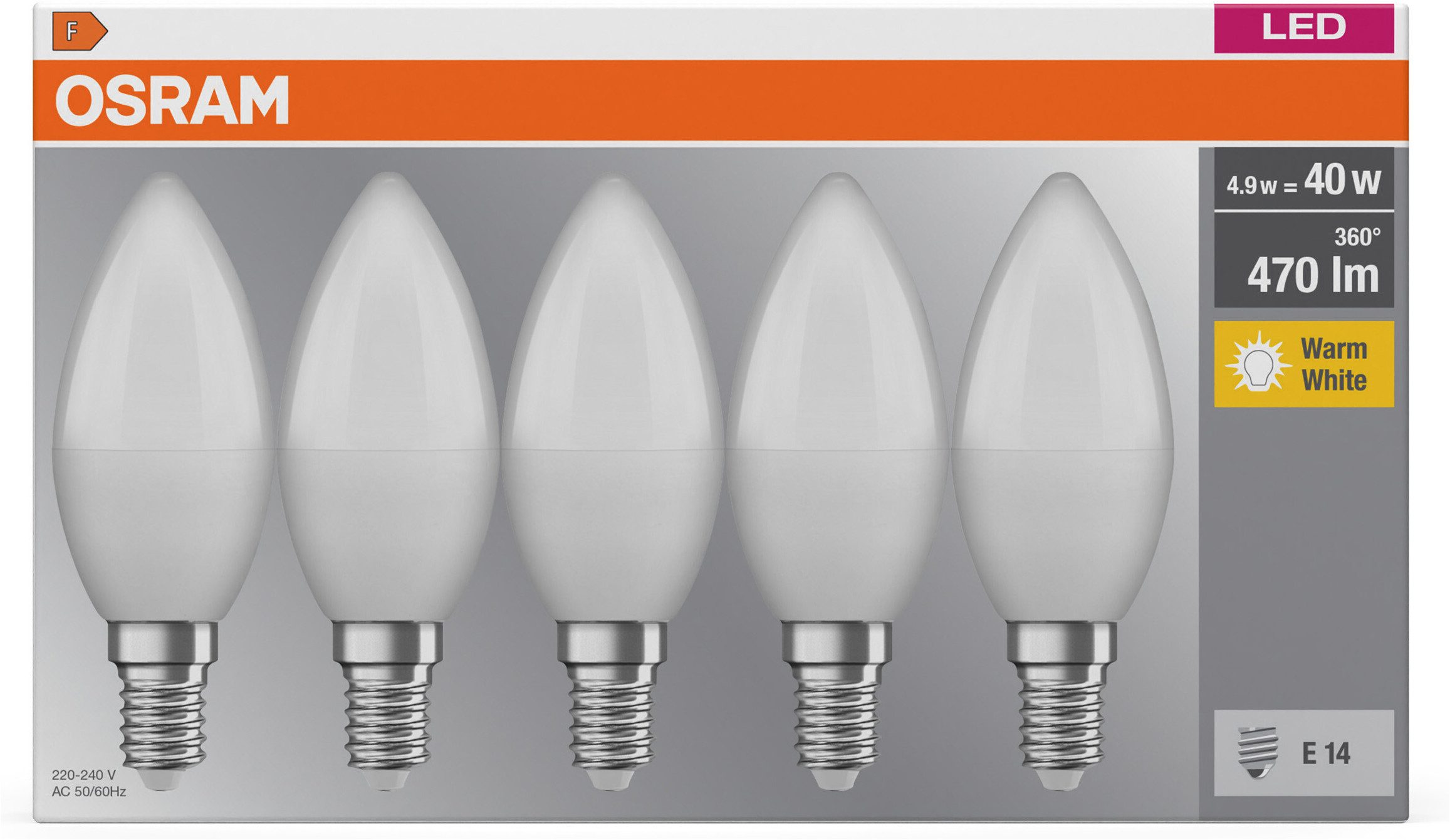 Osram LED-Leuchtmittel LED BASE Classic B40, Filament, E14, 5 St., Warmweiß