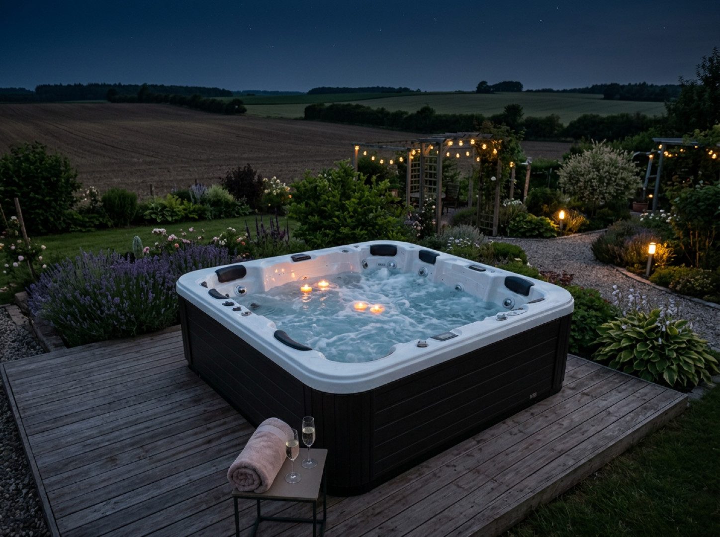 SPA Kompagniet Whirlpool Scandinavic Wood Art "Borkum" Outdoor Whirlpool 6P 70 Düsen 230×230 cm, Aufstellbecken, 70 beleuchtete Massagedüsen mit Drei-Filter-System