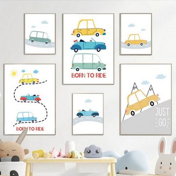 TPFLiving Kunstdruck (OHNE RAHMEN) Poster - Leinwand - Wandbild, Autos für Kinderzimmer - (Mädchenzimmer, Babyzimmer, Jungenzimmer, Kindergarten), Farben: Pastel, gelb, grün, blau - Größe: 10x15cm