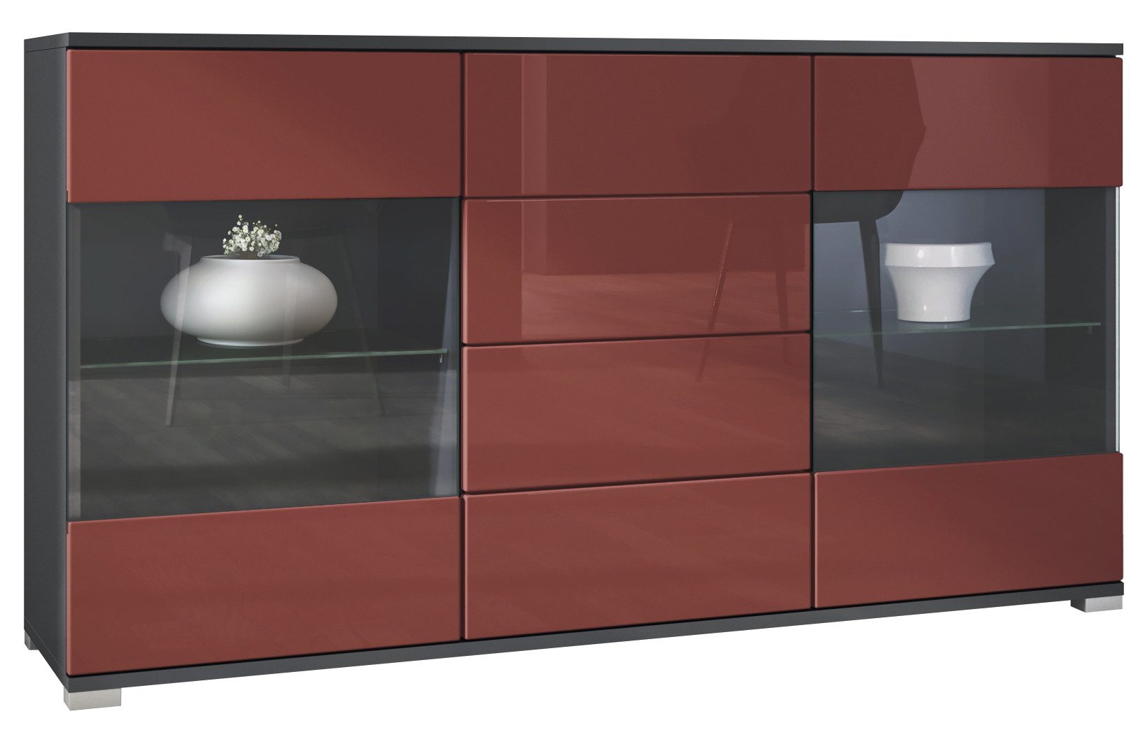 Vladon Sideboard Bari V1 (Kommode mit 2 Türen, 4 Schubladen und 2 flexible Glaseinlegeböden), Anthrazit matt/Bordeaux Hochglanz (138,5 x 75,5 x 35)