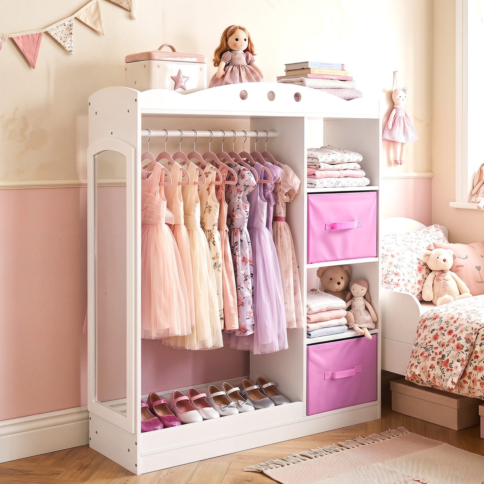 COSTWAY Kleiderständer, Kindergarderobe mit Spiegel, Garderobe Prinzessin