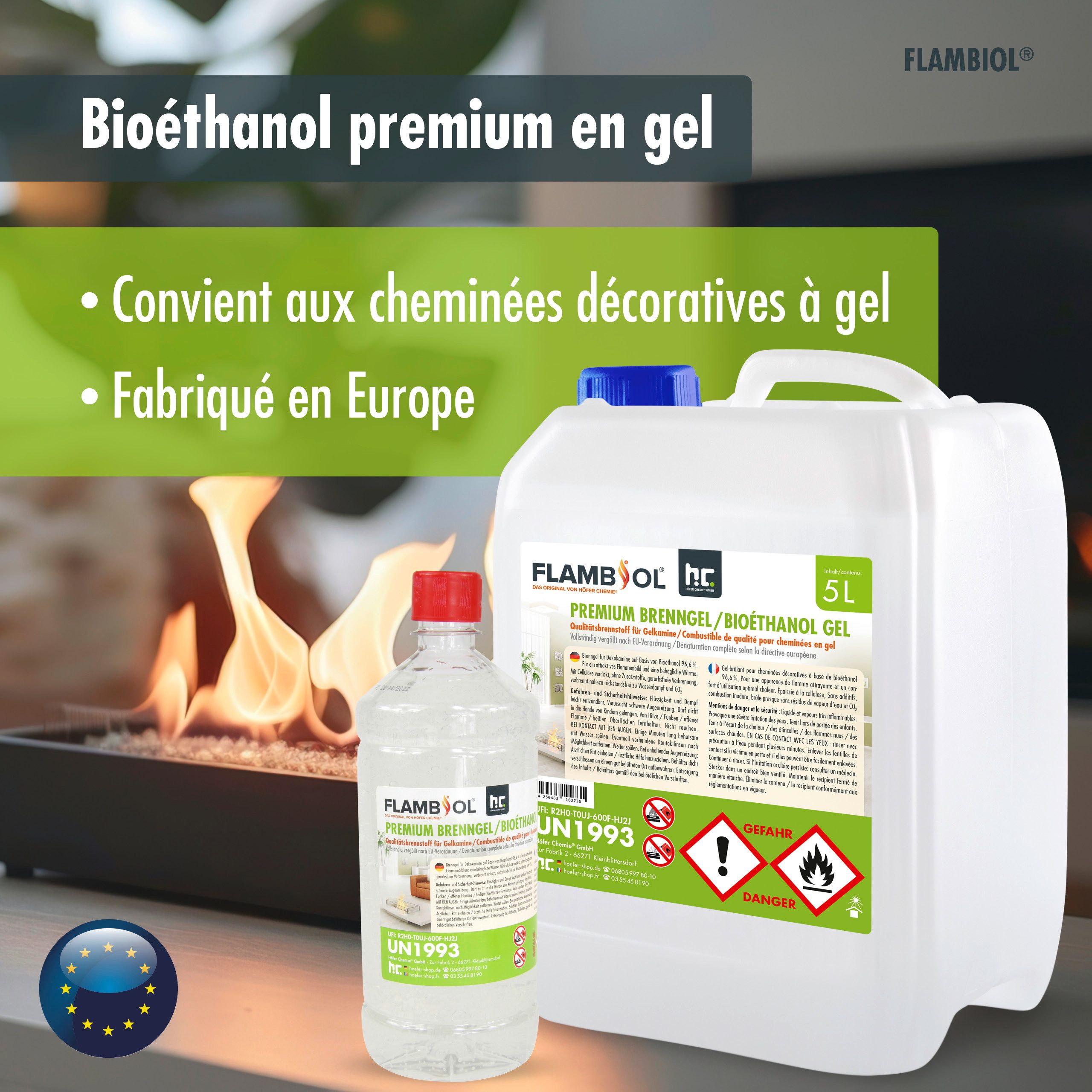 Höfer Chemie GmbH Bioethanol 5 L FLAMBIOL® Premium Brenngel, 5 l, (1-St), Sauberes Gel für rauchfreie Verbrennung