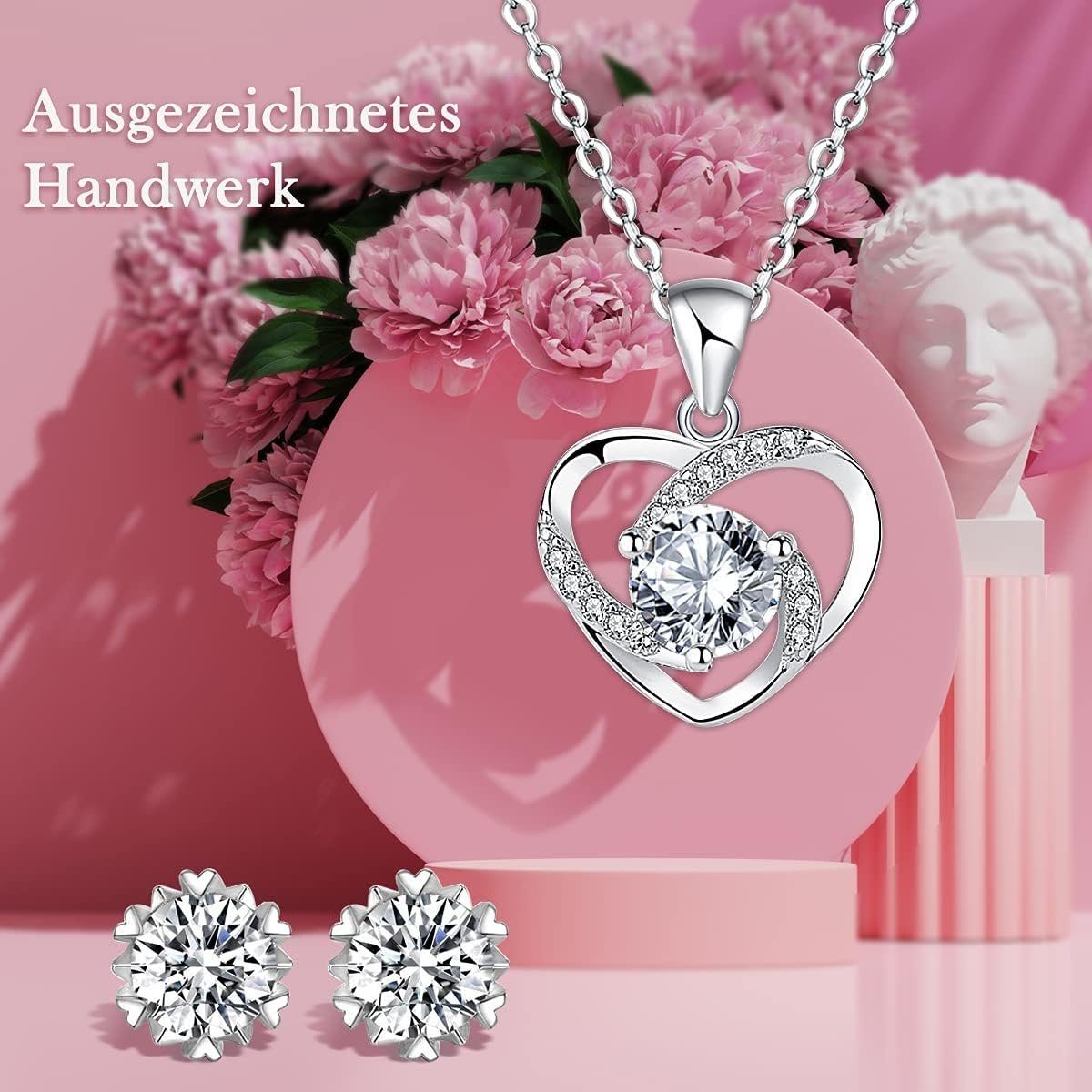 Rose Konservierte 925 und für Ohrringe XDeer blau aus Schmuckset Sterlingsilber, Blumen Ewige Frauen,Schmuckset Geschenk Rosenbox,Rose Halskette mit Herz