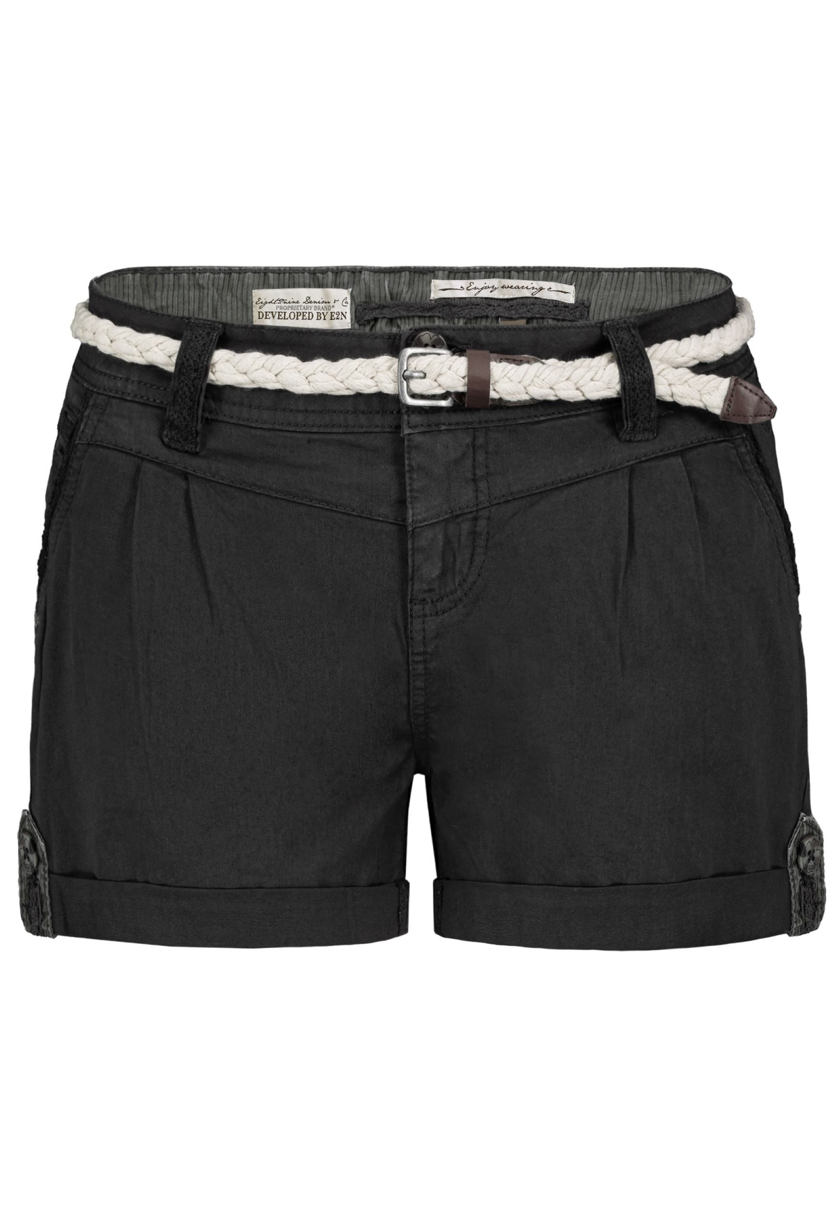 Eight2Nine Shorts Geflochtener Gürtel Umschlagbund Sommerlicher Look Stil für Damen (1-tlg) Baumwolle Normal Fit Einfarbig atmungsaktiv Reißverschluss