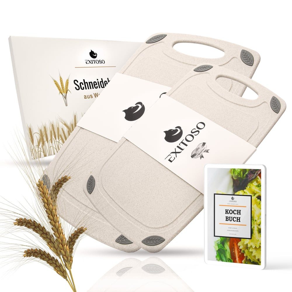 Exitoso Schneidebrett aus PP-Material & Weizenstroh spülmaschinenfest mit Saftrille, Polypropylen (PP), (2-St), Brotzeitbrett Frühstücksbrettchen Brot Obst Steak rutschfest