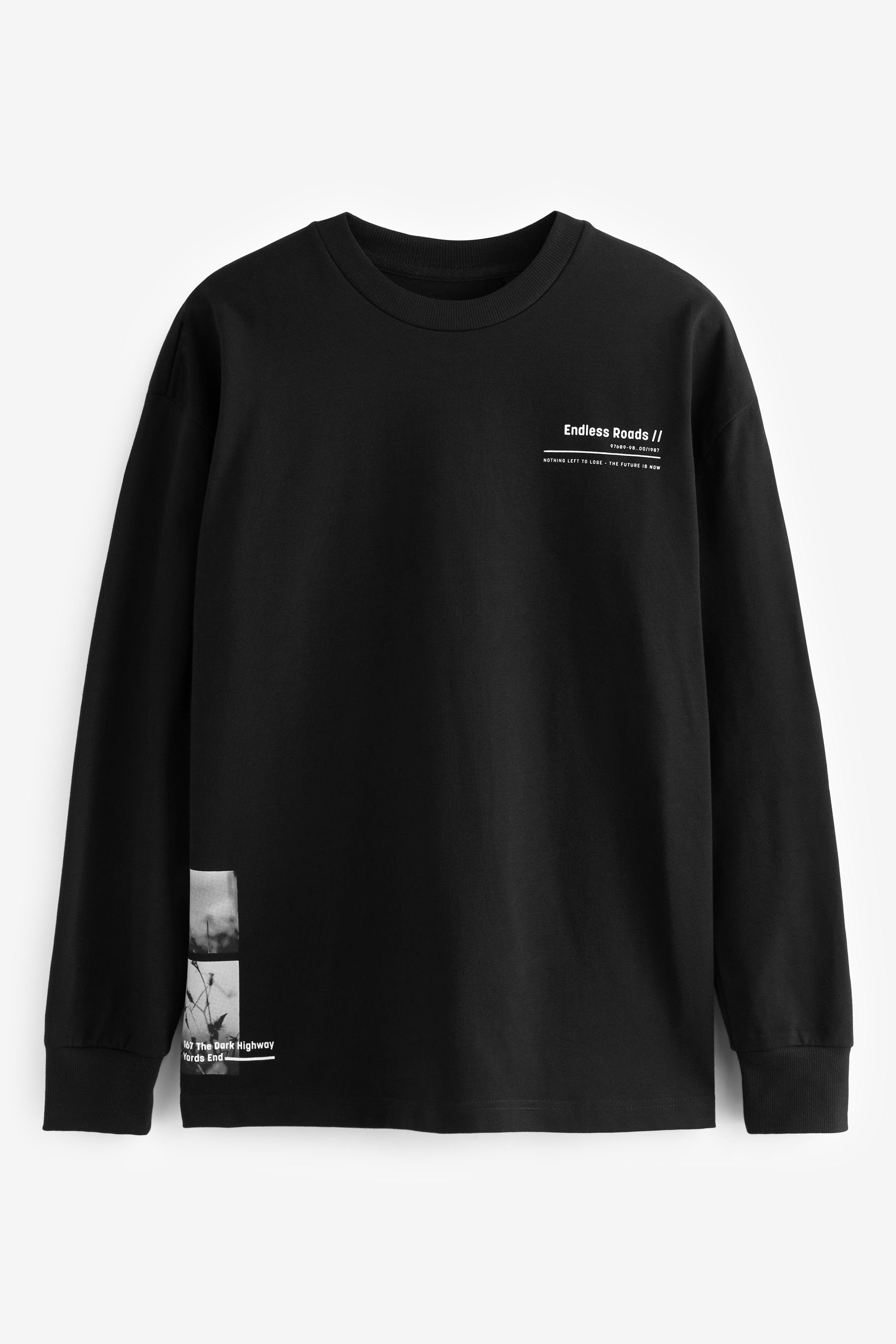 Ärmeln (1-tlg) langen und Black Next mit Langarmshirt Grafik-Shirt Rückenprint