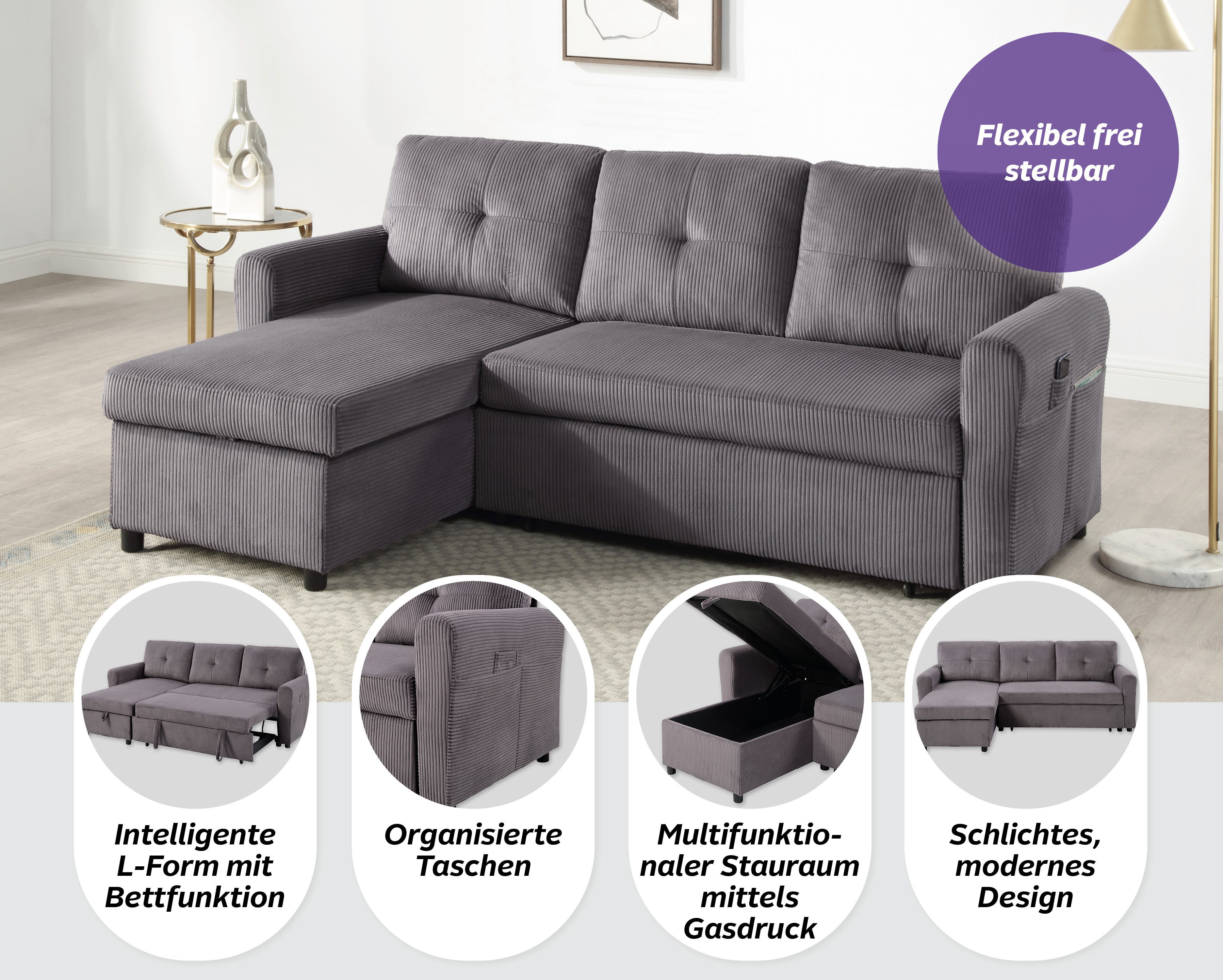 ATLANTIC home collection Schlafsofa Gustavo L-Form, B: 199 cm, mit Bettfunktion, Bettkasten & seitlichen Taschen