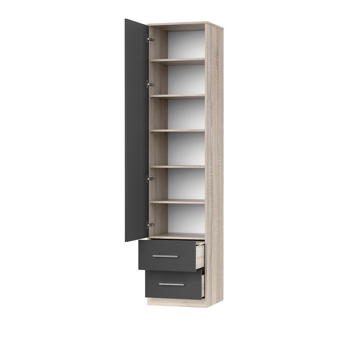 Kleiderschrank Sonoma/Anthrazit - 50cm Schubladen SMARTBett Eiche Drehtürenschrank 2 SMARTBett