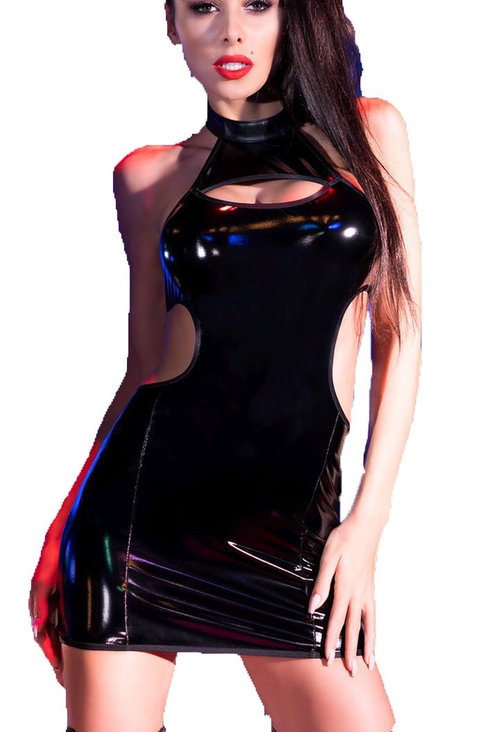 Negligé Damen Dessous Wetlook Kleid in schwarz mit Latex Optik, Frontausschnit