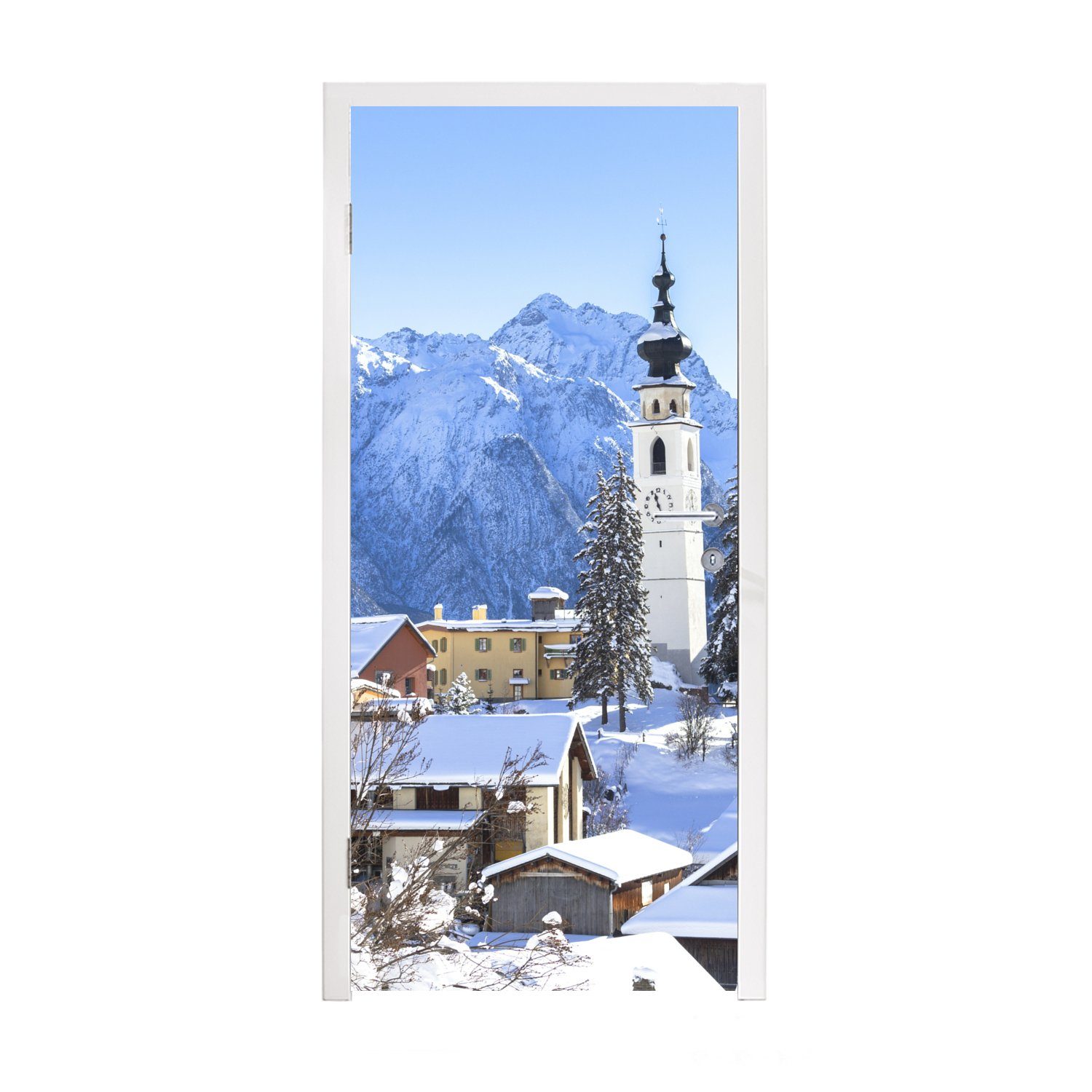 MuchoWow Türtapete Schnee in einem Bergdorf in der Schweiz, Matt, bedruckt, (1 St), Fototapete für Tür, Türaufkleber, 75x205 cm | Türtapeten