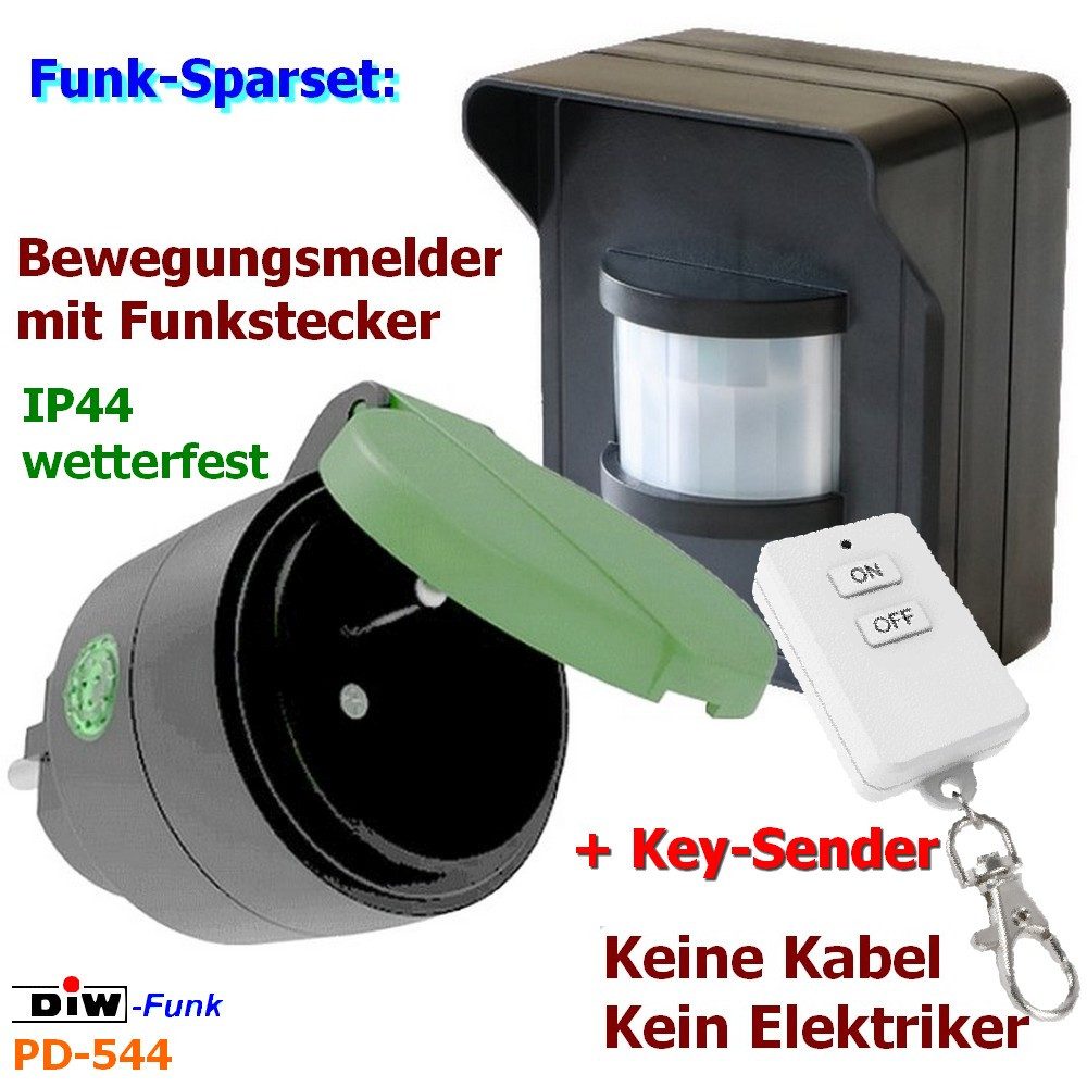 DIW-Funk Bewegungsmelder PD-544 FUNK Bewegungsmelder+Outdoor-Funkstecker+Keysender, (Komplett-Set), IP44