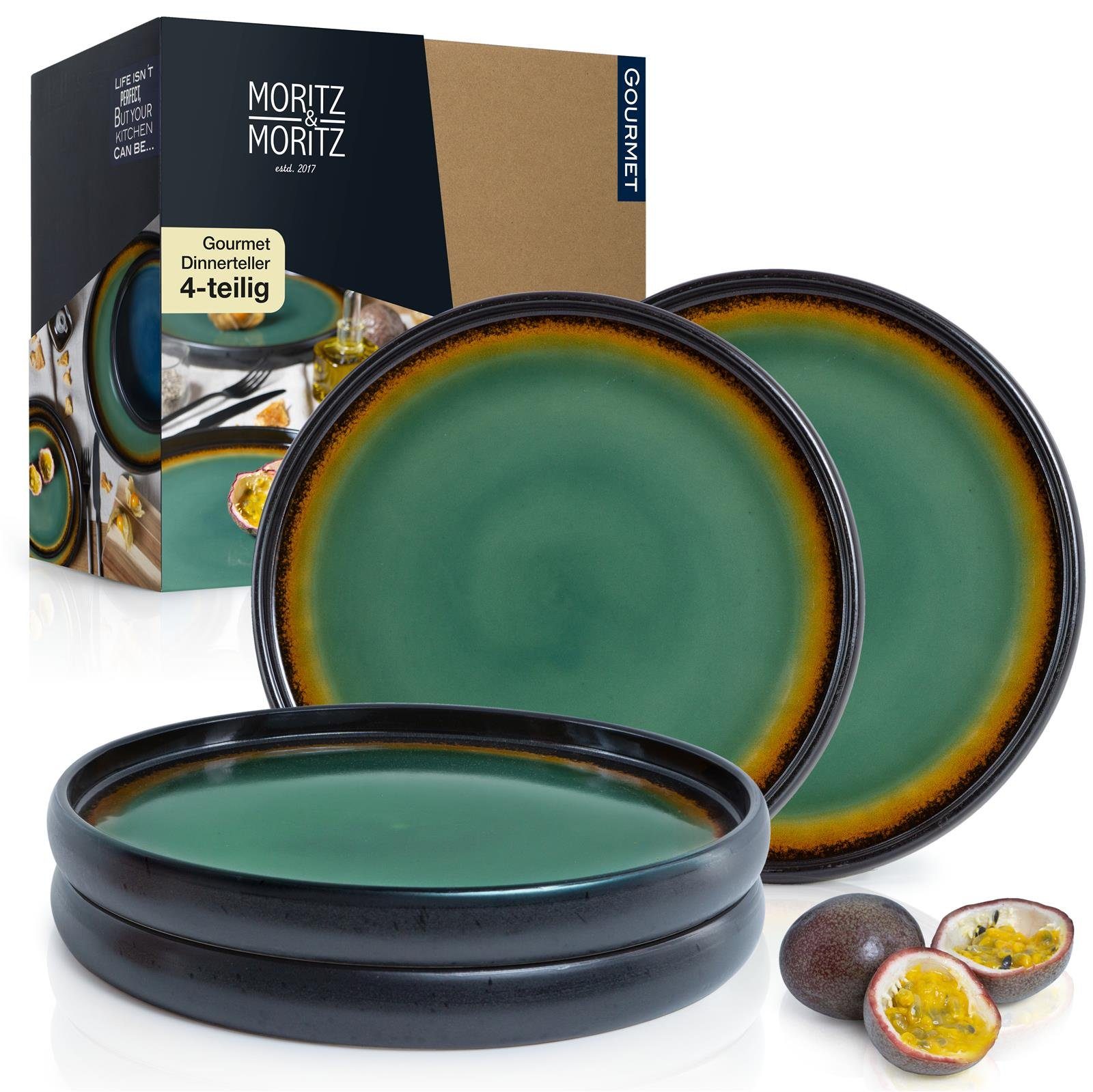 Moritz & Moritz Tafelservice Moritz & Moritz SOLID 4x Dinnerteller Grün/Braun (4-tlg), 4 Personen, Steinzeug, Geschirrset zum Servieren