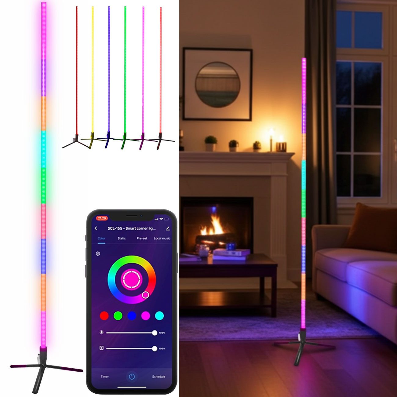Denver LED Stehlampe WLAN LED Eckstehlampe 1,5m, RGB Dimmbar, Tuya Smart Home, Alexa, LED fest integriert, RGB Traumfarbe, dimmbar, 150cm, Standfuß