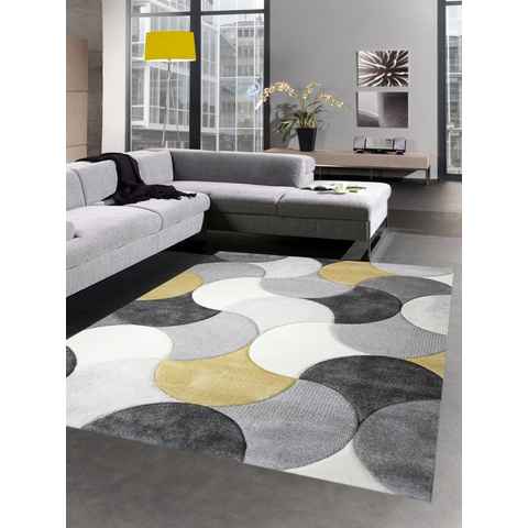 Teppich Designer Teppich Wohnzimmerteppich Kurzflor Tropfen senfgelb gelb grau creme, Carpetia, rechteckig, Höhe: 13 mm
