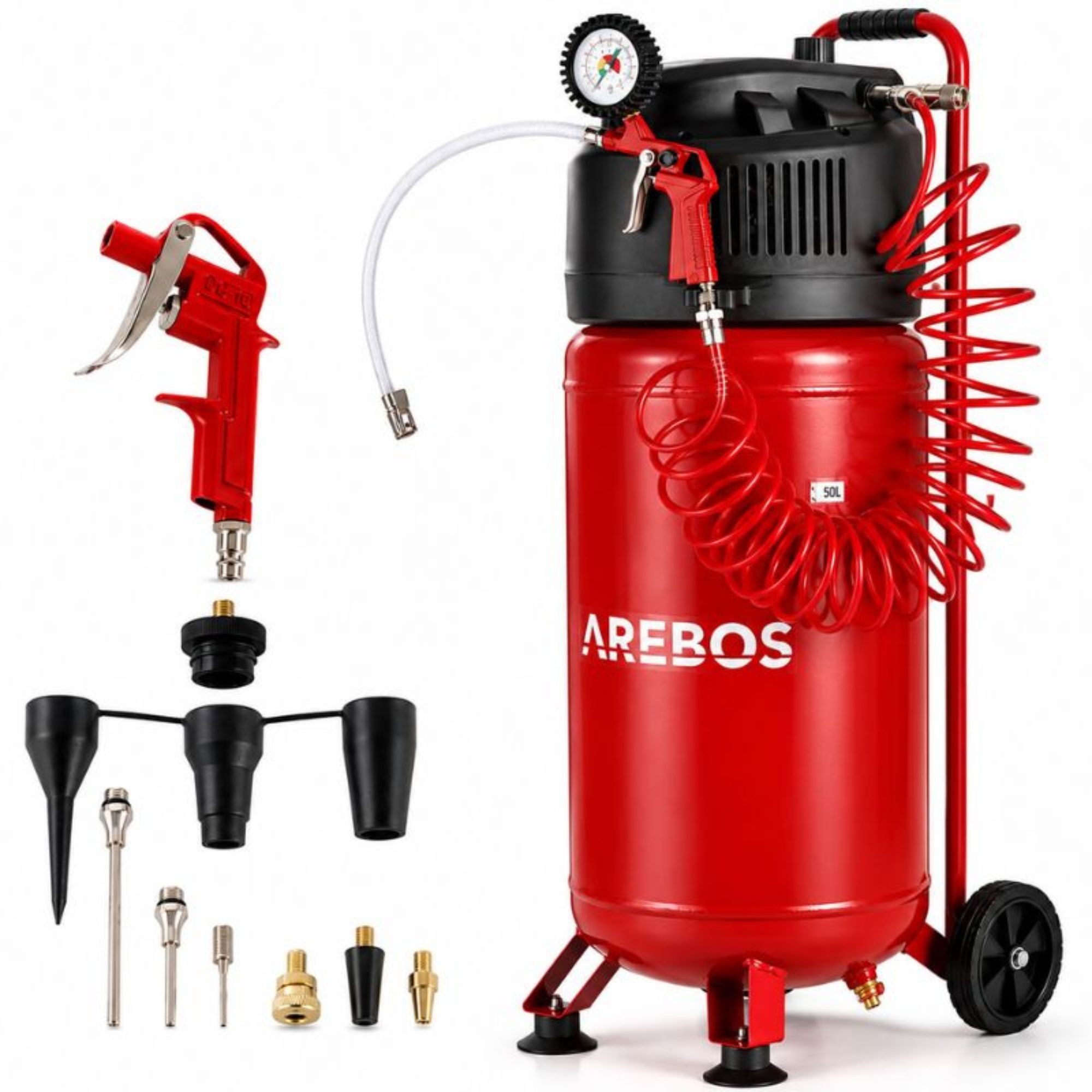 Arebos Kompressor Druckluftkompressor, Luftkompressor, inkl. 13-tlg. Zubehör, 1500 W, max. 10,00 bar, 50,00 l, Luftkompressor 50 L, 14-tlg., Set, stehend
