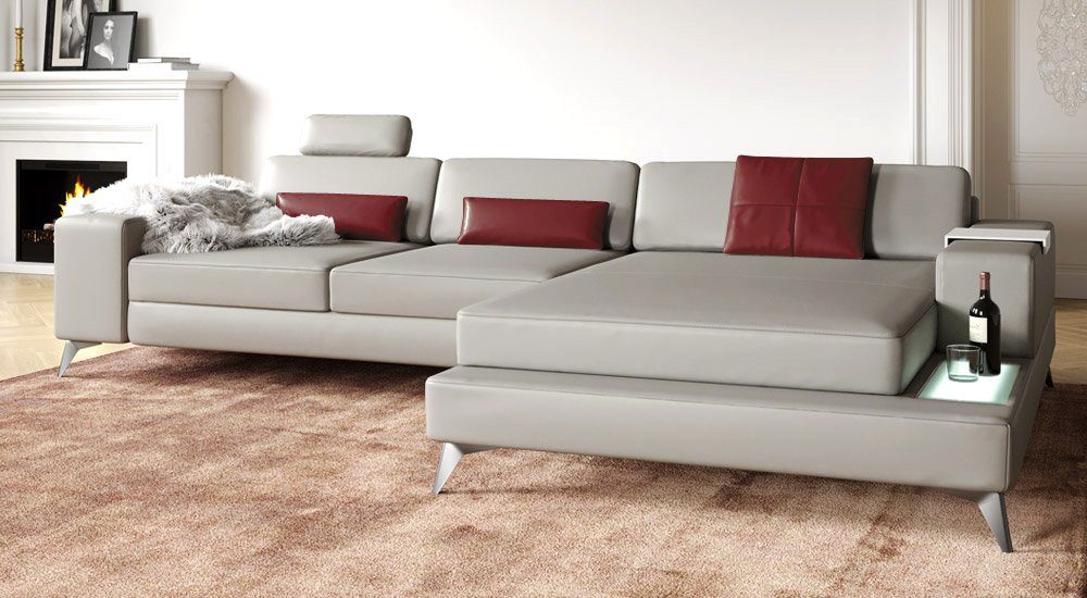 L-Form Eckcouch »MÜNCHEN Designsofa Ecksofa Ledercouch anthrazit Wohnlandschaft XXL III« Leder Couch von BULLHOFF Sofa Leder grau weiss BULLHOFF LED Ecksofa