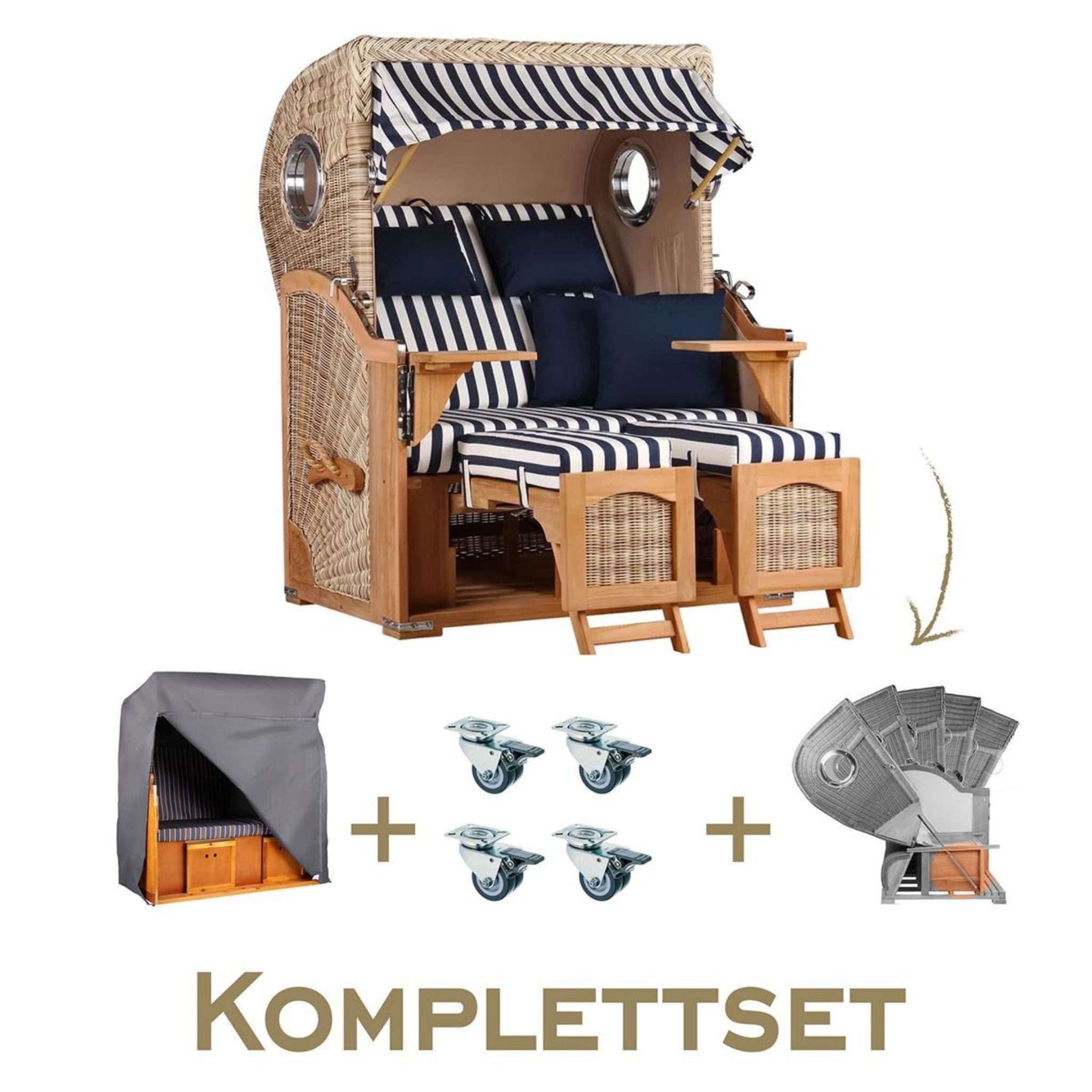 MR.DEKO Strandkorb Strandkorb Komplettset Düne Teak PE Shell Dessin 518, BxTxH: 125x80x170 cm, Volllieger, Düne, (Luxus-Komplettset 4-tlg. inkl. Abdeckhaube, 4-tlg., Strandkorb inkl. Aero Protect, Rollen & Lifter-Set), Wetterfester Strandkorb inkl. Lifter & Haube, Fertig montiert