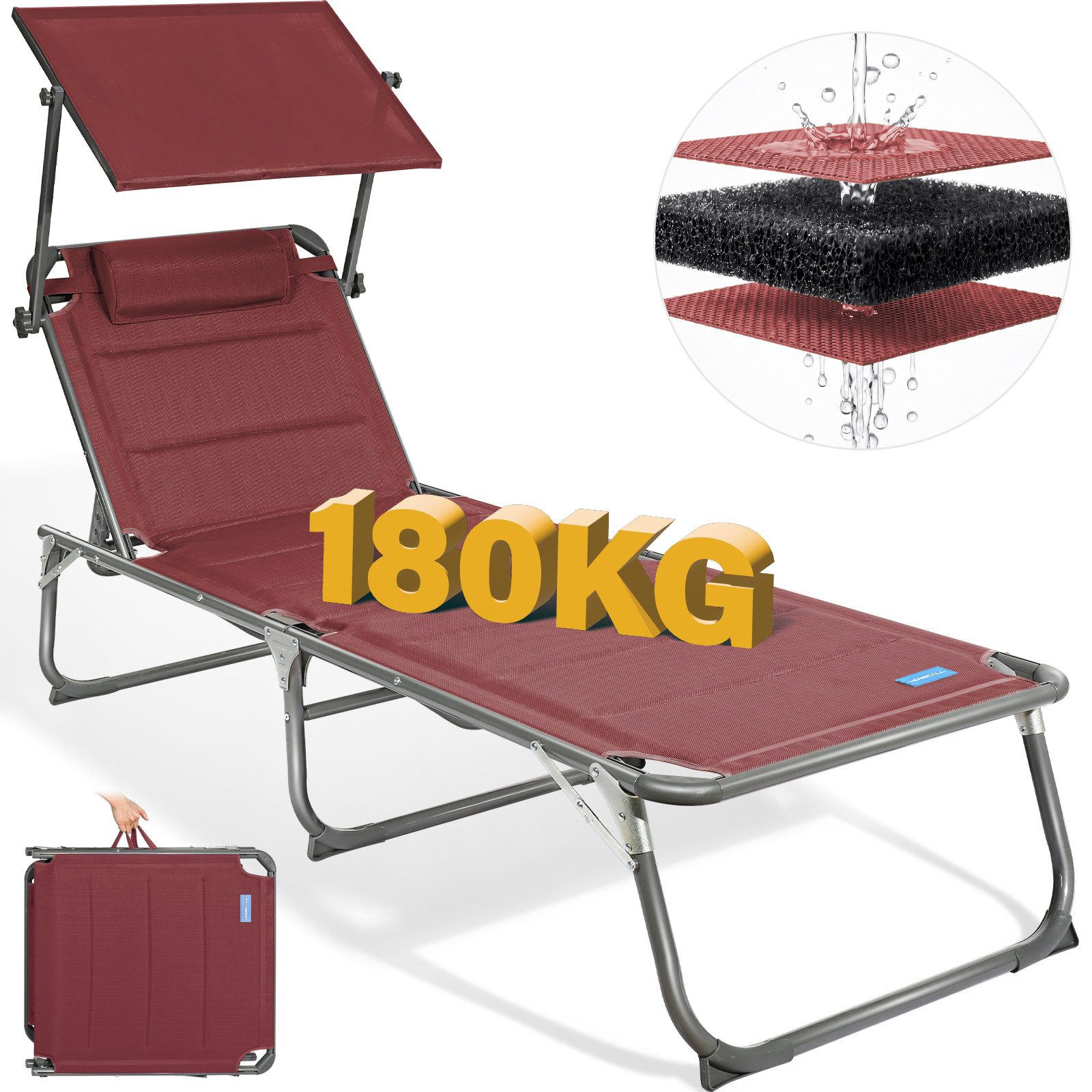 HOMECALL Gartenliege Sonnenliege AluLiege Liegestuhl Strandliege Liegen wetterfest, klappbar, Textilene Mit Dickemschnelltrocknende Schaumstoffpolsterung, Verstellbare Rückenlehne, Sonnenblende, Kopfpolster, bis 180KG