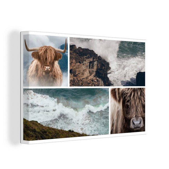 OneMillionCanvasses® Leinwandbild Collage - Schottischer Highlander - Meer (1 St) Wandbild Leinwandbilder Aufhängefertig Wanddeko