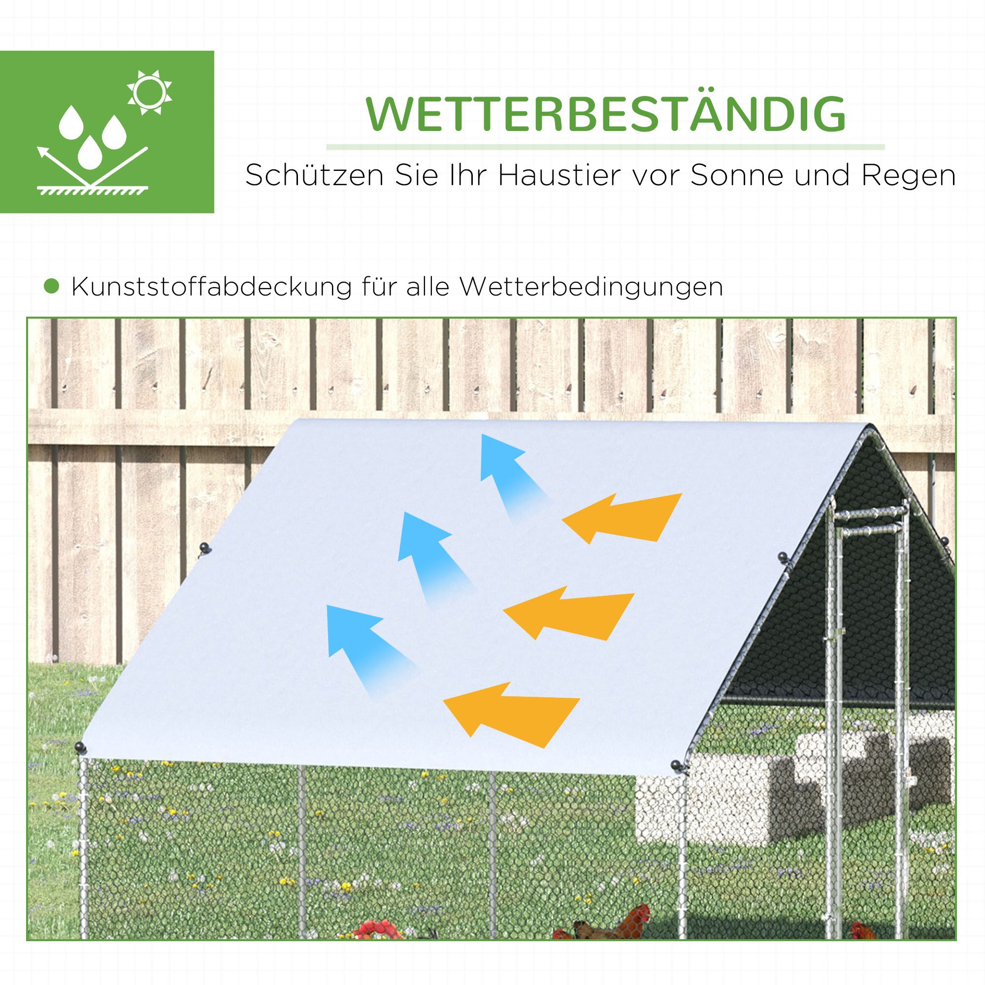 PawHut Hühnerstall 3x2x2 m Freilaufgehege mit Dach, Tür und Schloss, Verzinkter Stahl, für 4-6 Hühner, Kleintiere, Silber+Grau – Bild 4 von 5