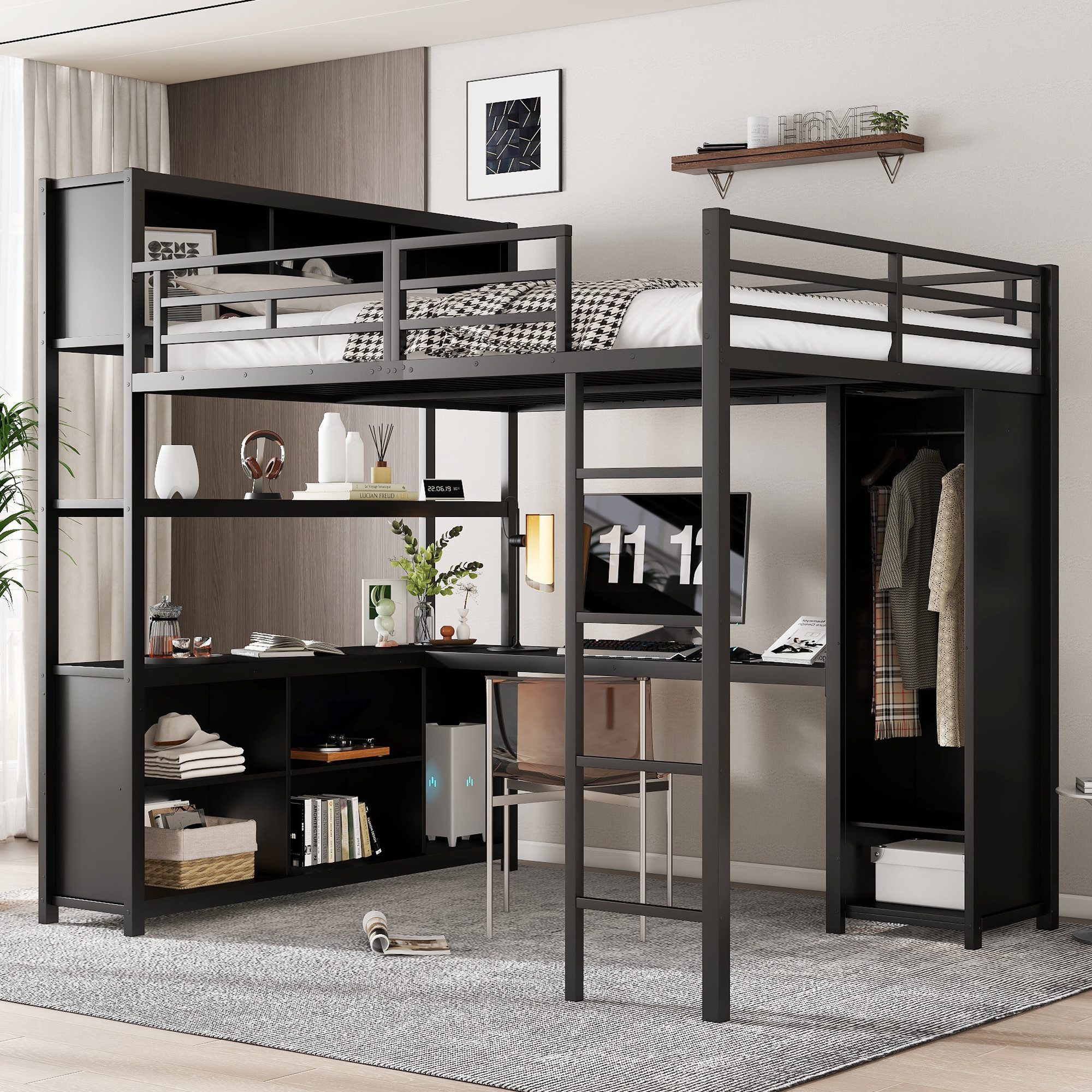 OKWISH Kinderbett Eisenhochbett Metallbett (mit Stauraum unter dem Schreibtisch, integriertem Kleiderschrank, stabiler Leiter und Lattenrost, 140x200 cm), ohne Matratze