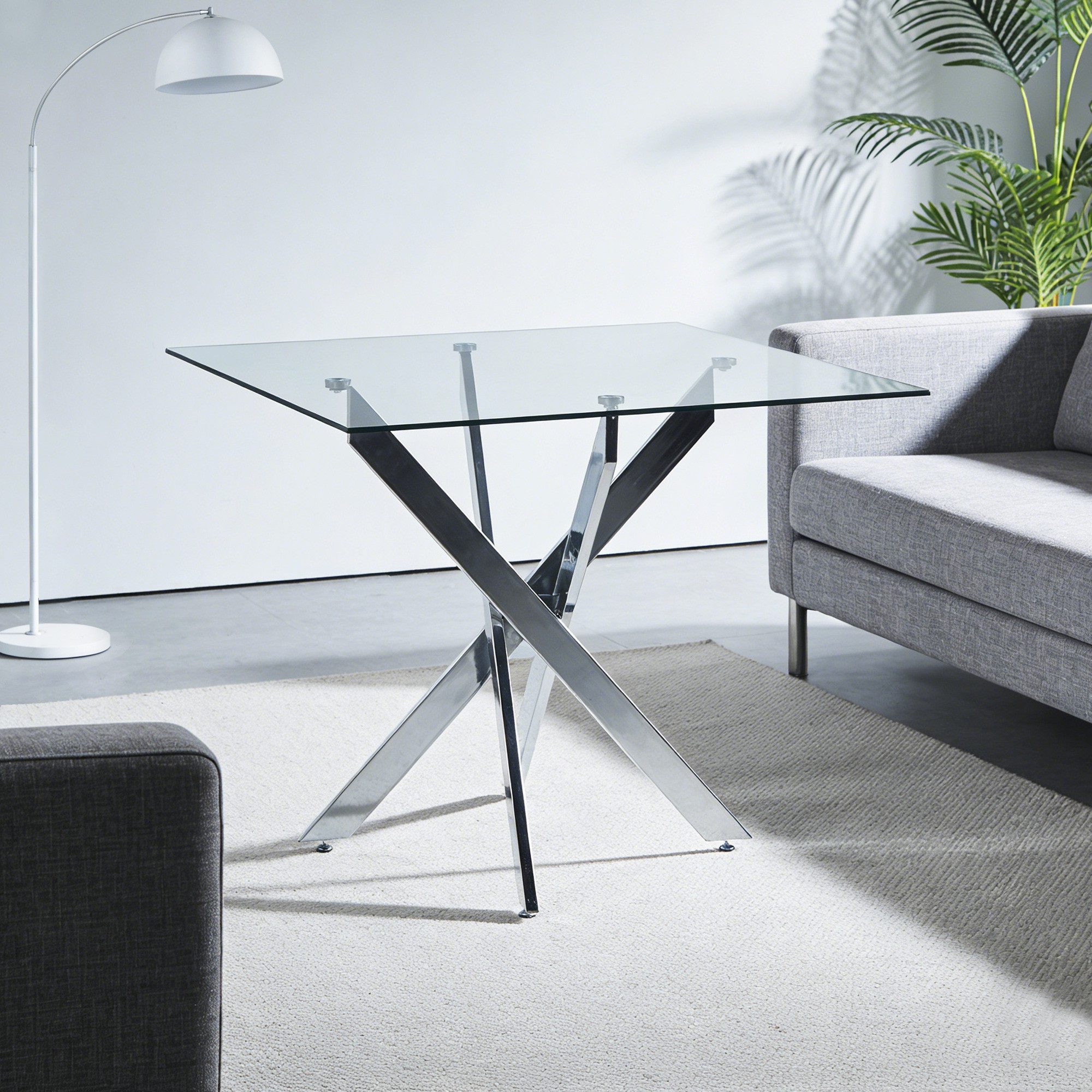 Odikalo Couchtisch Esstisch Beistelltisch Glastisch Wohnzimmertisch Sofatisch Gold Silber (Moderner platzsparender Esstisch (80x80x75) mit quadratischer Tischplatte aus gehärtetem Glas und verchromtem Metallgestell in Kreuzform–ideal für Küche und