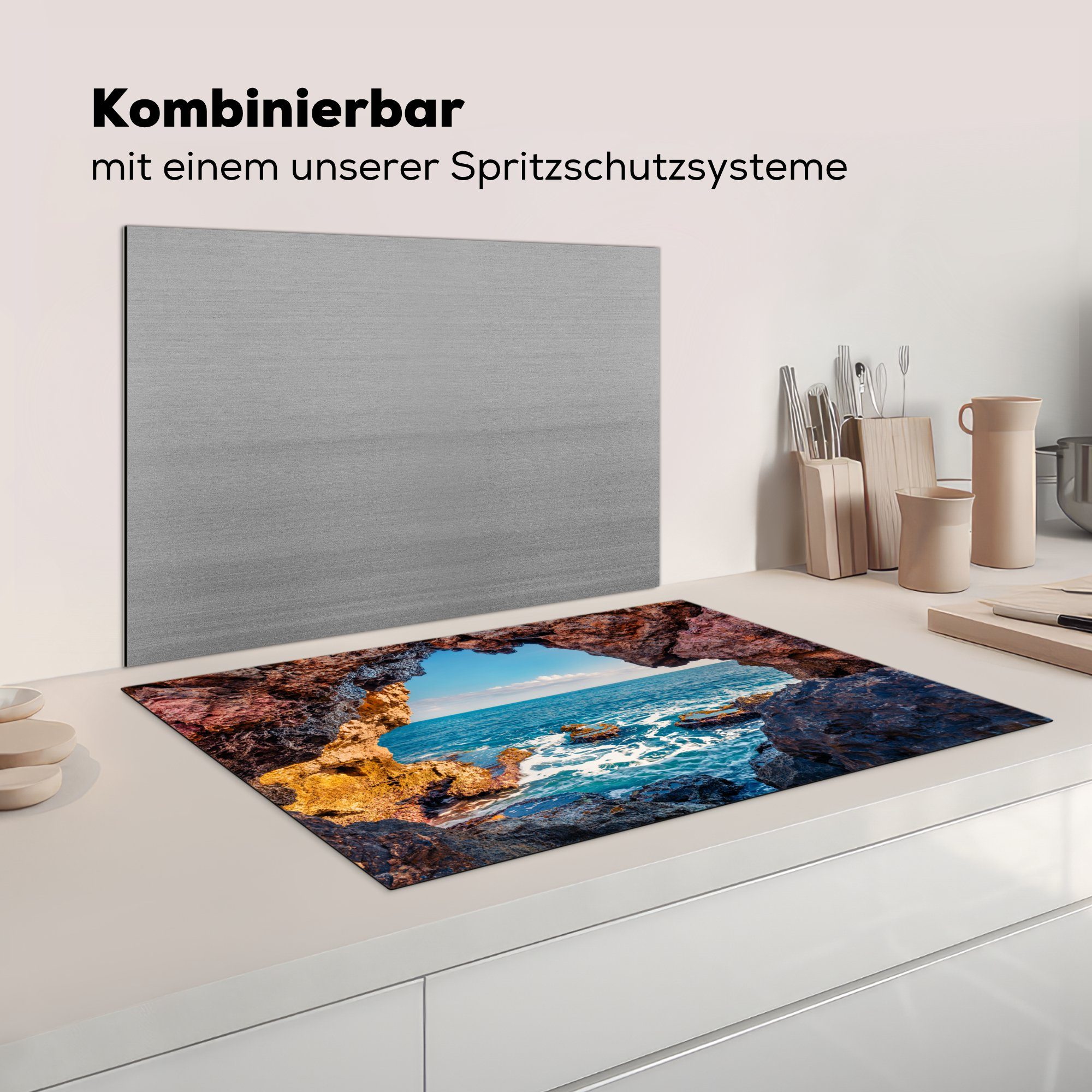 für Meer Felsen Höhle Natur, Ceranfeldabdeckung, 81x52 - MuchoWow cm, küche - - Arbeitsplatte tlg), Vinyl, (1 Herdblende-/Abdeckplatte