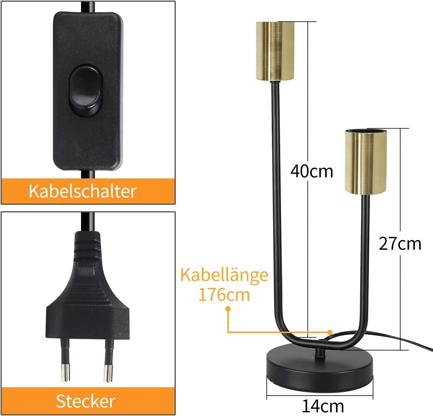 Tischlampe Metall Nettlife Kabel, E27 Schlafzimmer Nachtlicht wechselbar, LED kinderzimmer mit Schwarz Vintage Kippschalter, Bedside Tischleuchte Industrial für Wohnzimmer mit