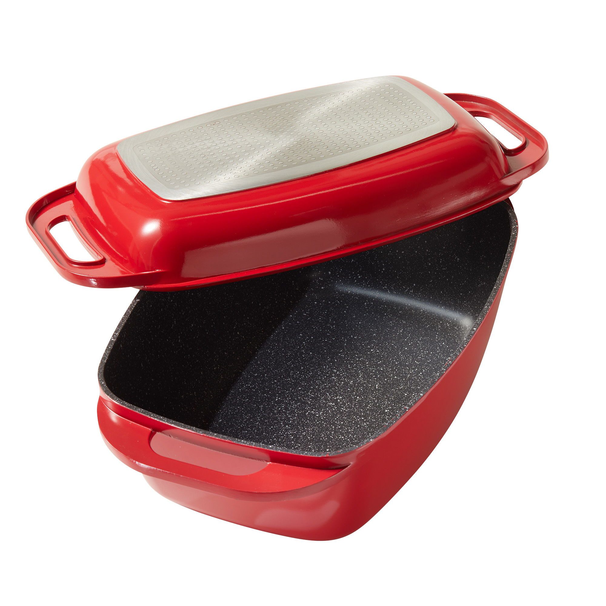 STONELINE Кастрюли жаровни mit Aluguss-Deckel auch als Auflaufform verwendbar (43x26, rot), Aluminiumguss (Set, 2-tlg., 1x Aluguss Кастрюли жаровни, 1x Deckel), Multifunktions-Bräter, induktionsgeeignet, Designed in Germany