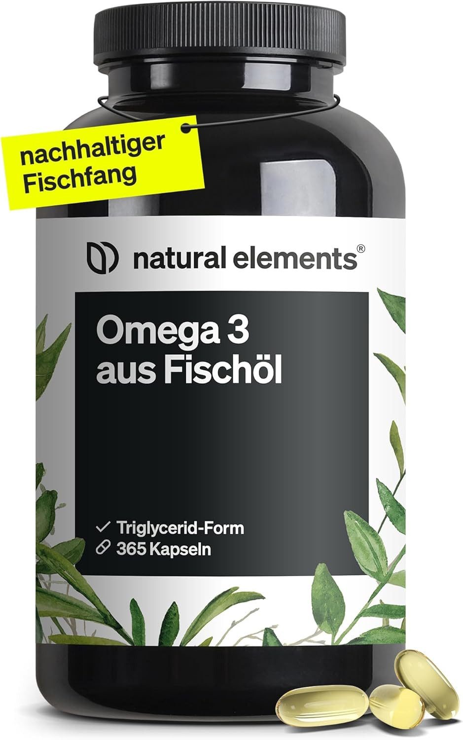 natural elements Omega 3 mit EPA und DHA 2000mg Fischöl pro Tagesdosis Kapseln, 365 er aufwendig aufgereinigt und aus nachhaltigem Fischfang à 365 St., 491 g, Triglycerid-Form Laborgeprüft Ohne unnötige Aromen