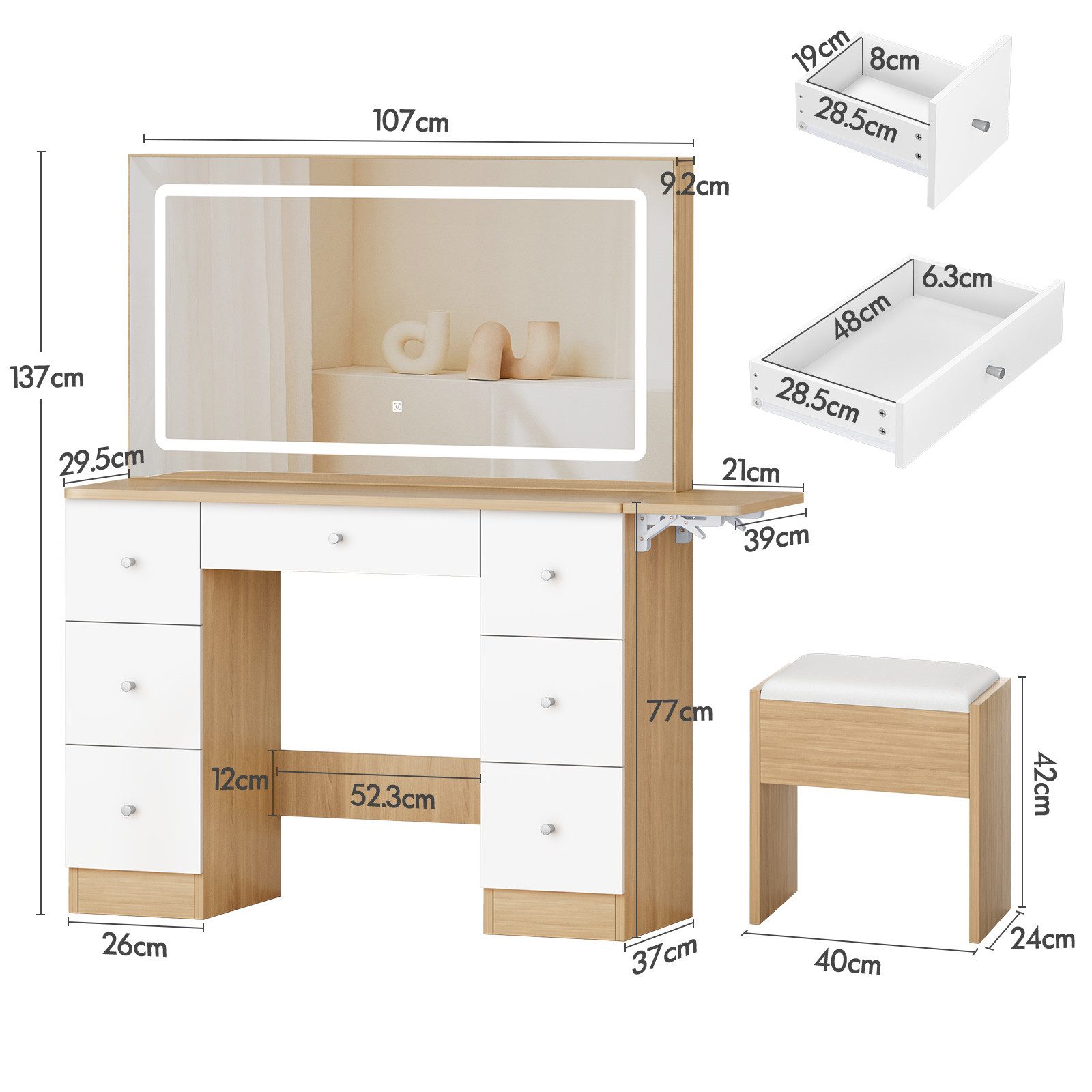 ALFORDSON Schminktisch mit LED-Spiegel, 7 Schubladen und Steckdosen, Schminktisch-Hocker-Set (1-St., Schminktisch-Set mit Stauraumhocker und klappbarer Tischplatte), 3 Farbmodus-Lichter und 10-stufige Dimmbarkeit