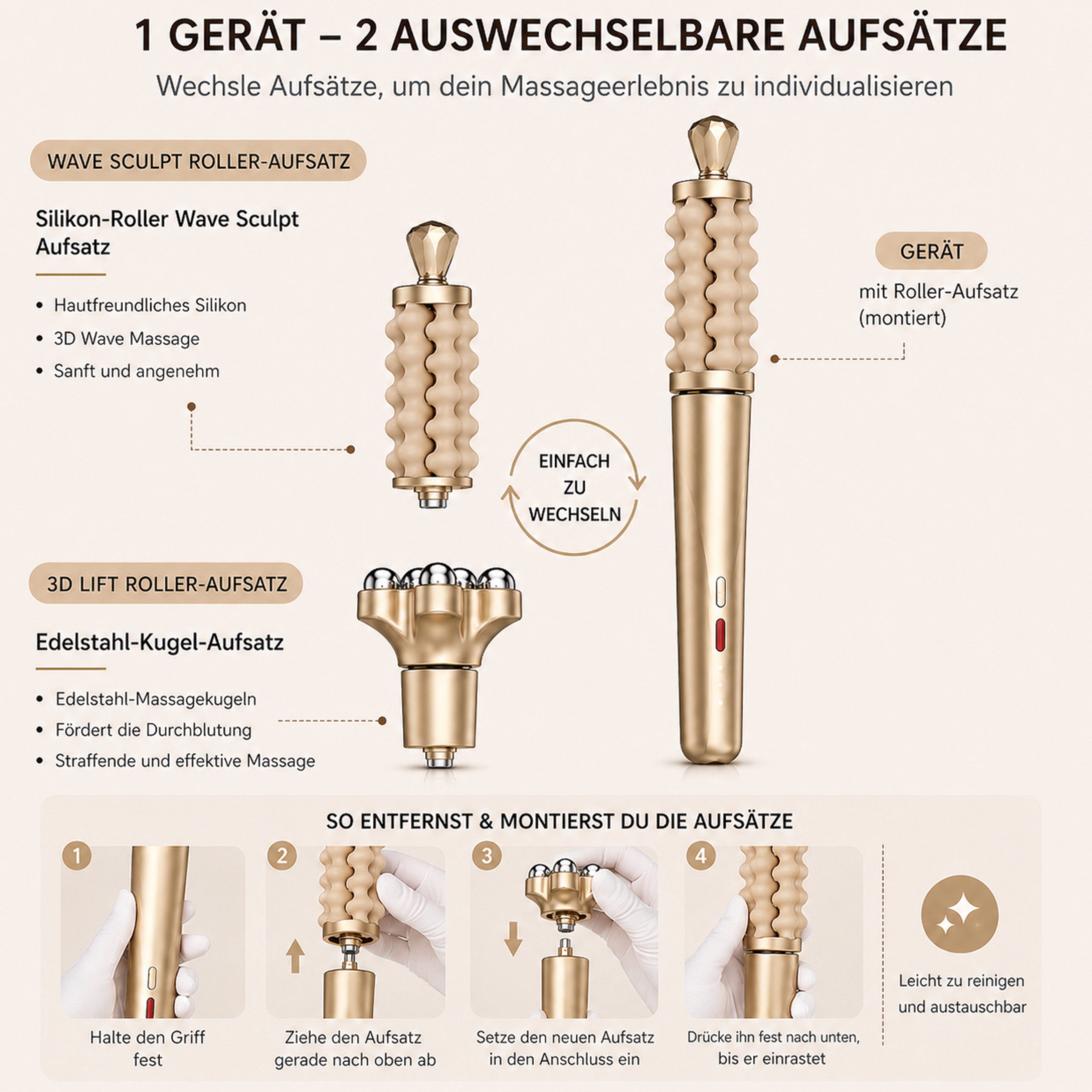 Lalano`S Cosmetics Gesichtsmassagegerät 2-in-1 Beauty Massager Anti-Aging-Gerät Sculptlift Pro, Set, 1 Handstück, 2 Aufsätze, 1 USB Kabel, Kabellos, wiederaufladbar, 3 Intensitätsstufen