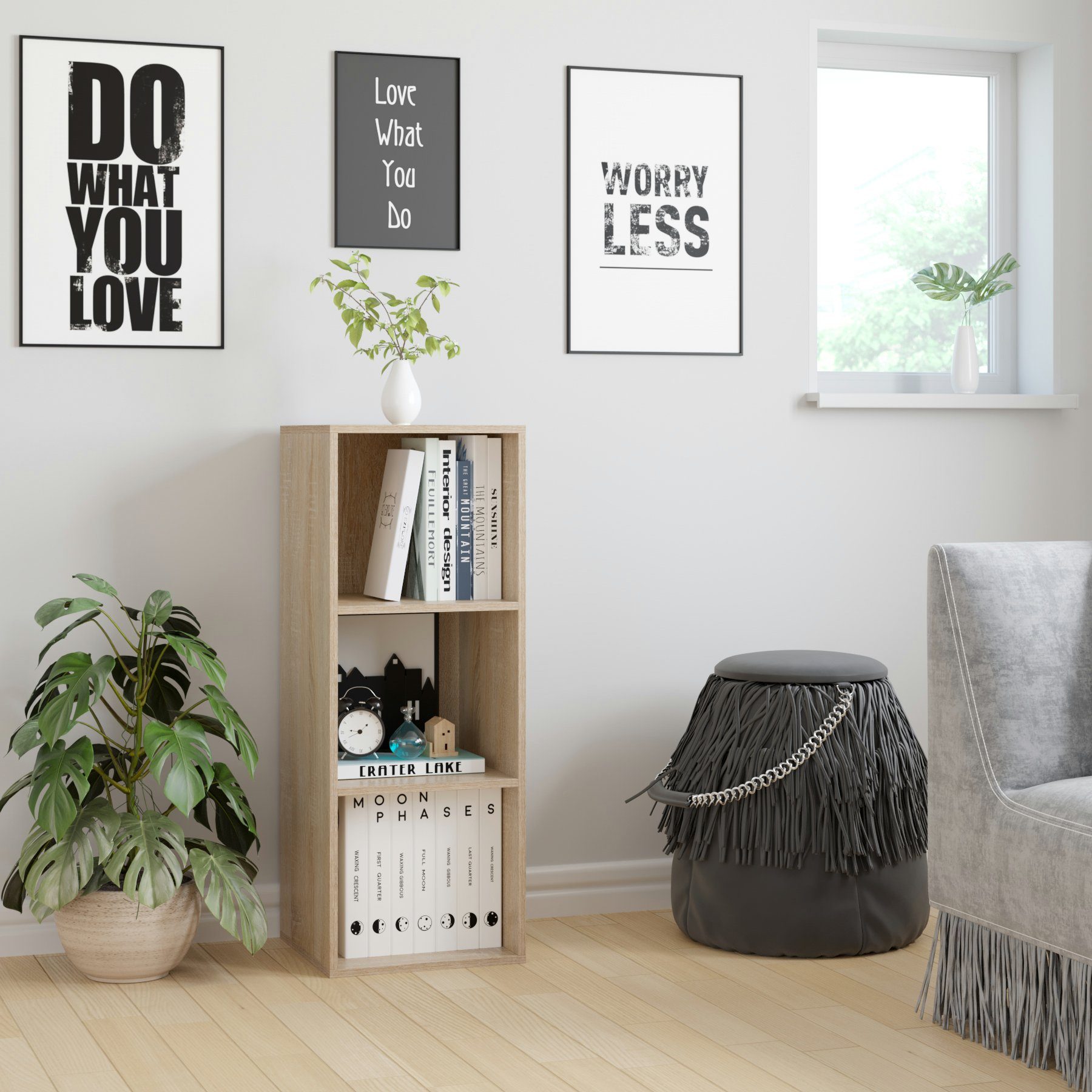 Homfa Bücherregal, Standregal mit 3 Fächern, Würfelregal, Regal eiche, 30x30x80cm