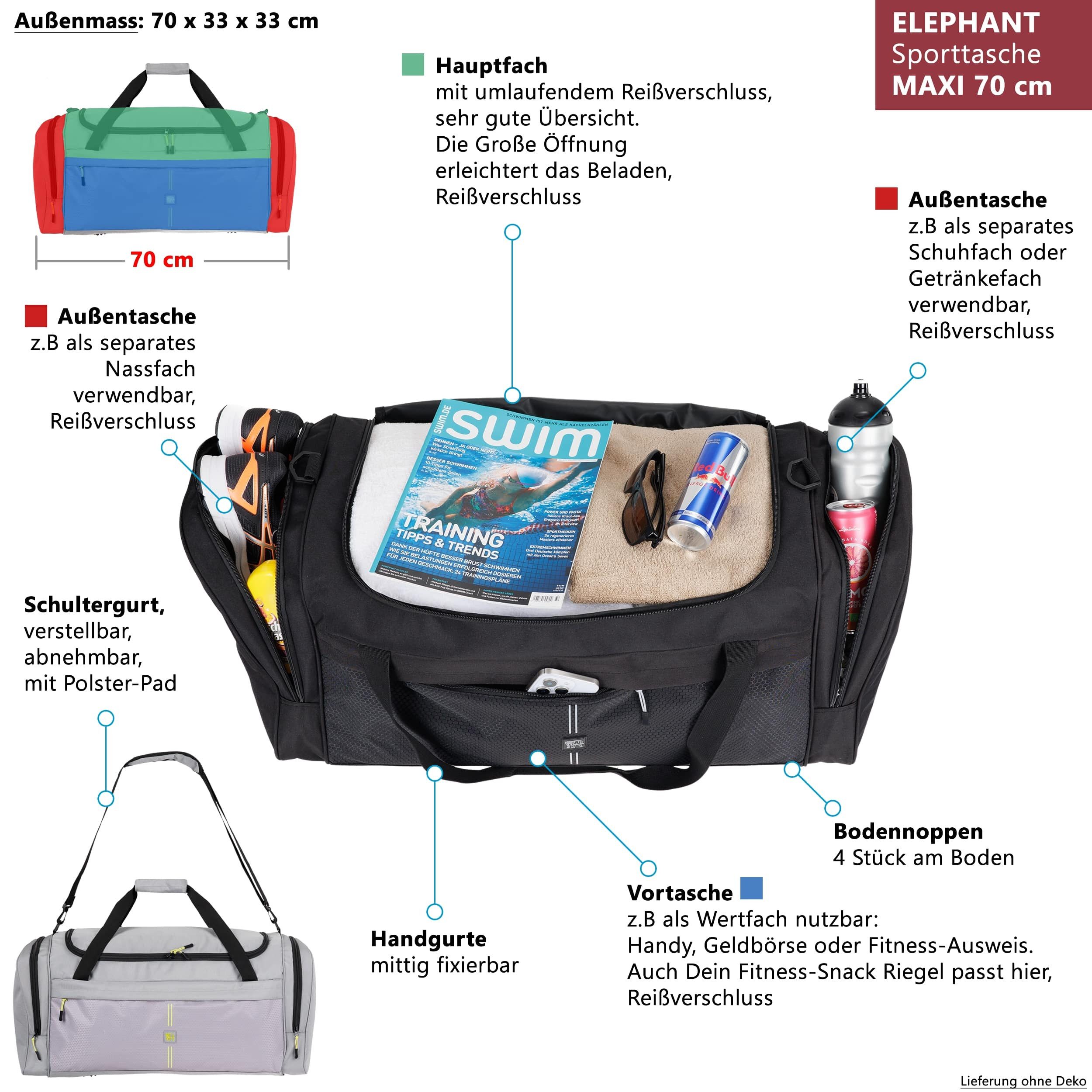 ELEPHANT Extra Large Sports Bag, Sauna Bag, Travel Bag Maxi XL 70 cm, 65 Liter Gym Bag, Football Bag XXL + Water Bottle