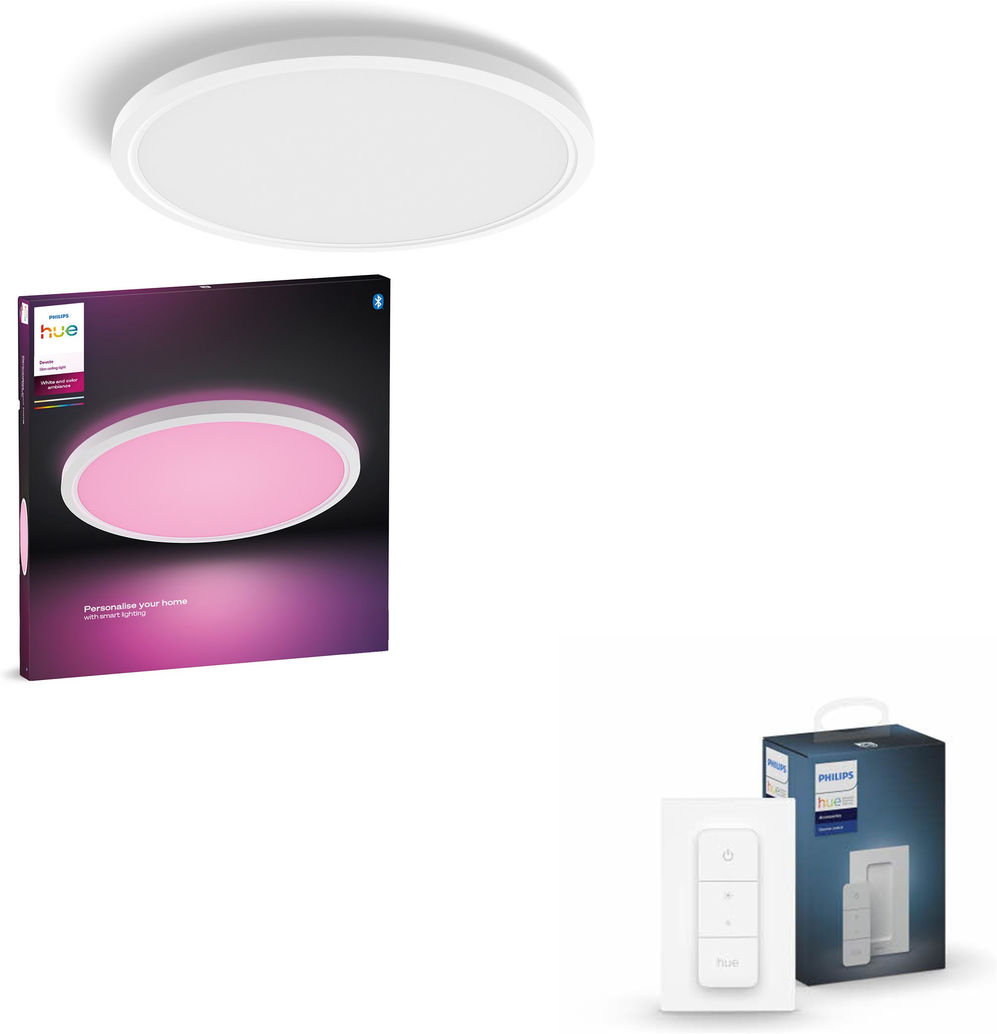 Philips Hue LED Deckenleuchte Devote smartes Panel White & Color Ambiance + Dimmschalter, Abschaltautomatik, Bluetooth, Dimmfunktion, Einschlafhilfe, Farbsteuerung, Farbwechsel, Leuchtdauer einstellbar, Memory, nach Trennung vom Netz, RGB, Smart Home, Softlichtstart, Tageslichtsensor, Timerfunktion, Weckerfunktion, erweiterbar, LED fest integriert, RGB, App‑ & Sprachsteuerung